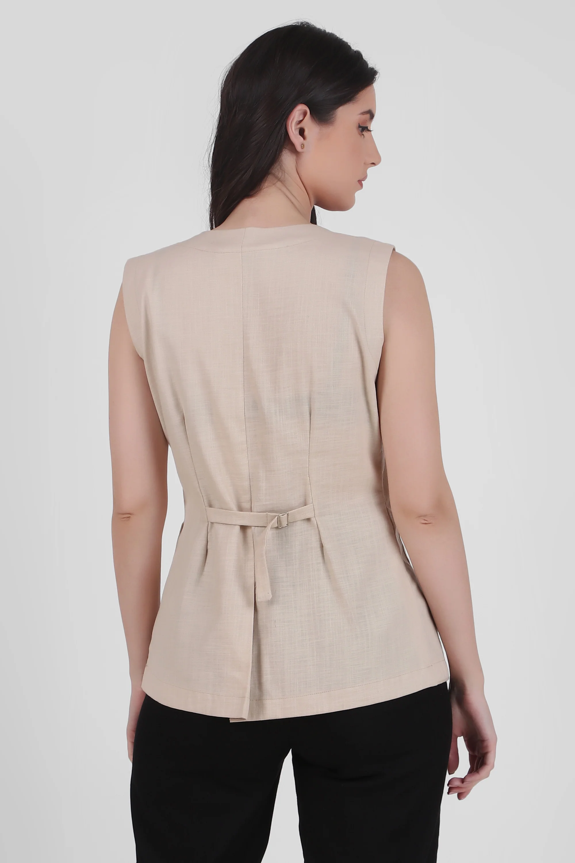 Breathable Linen Blend Vest Button-Up Top, Beige - Image 3