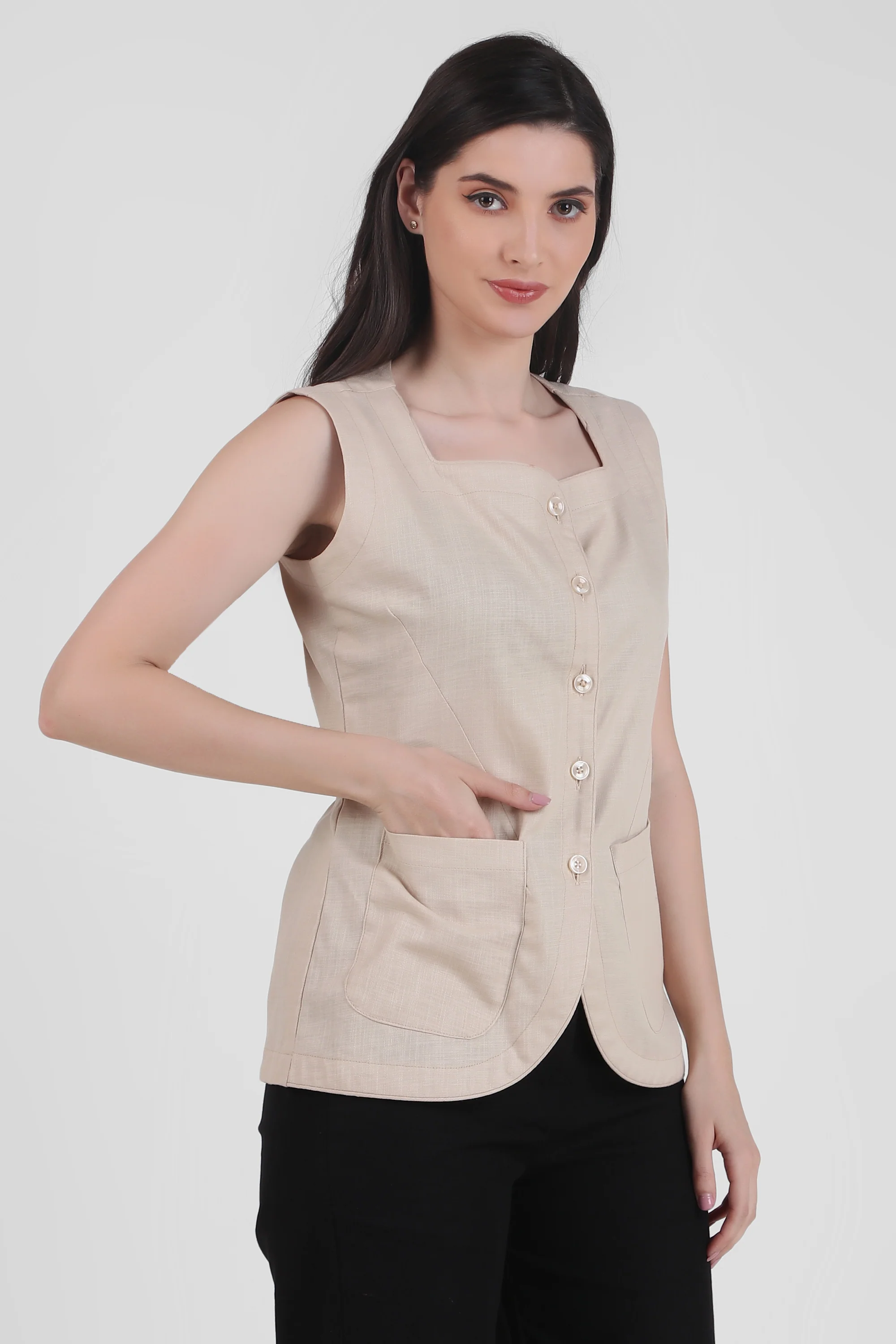 Breathable Linen Blend Vest Button-Up Top, Beige - Image 4