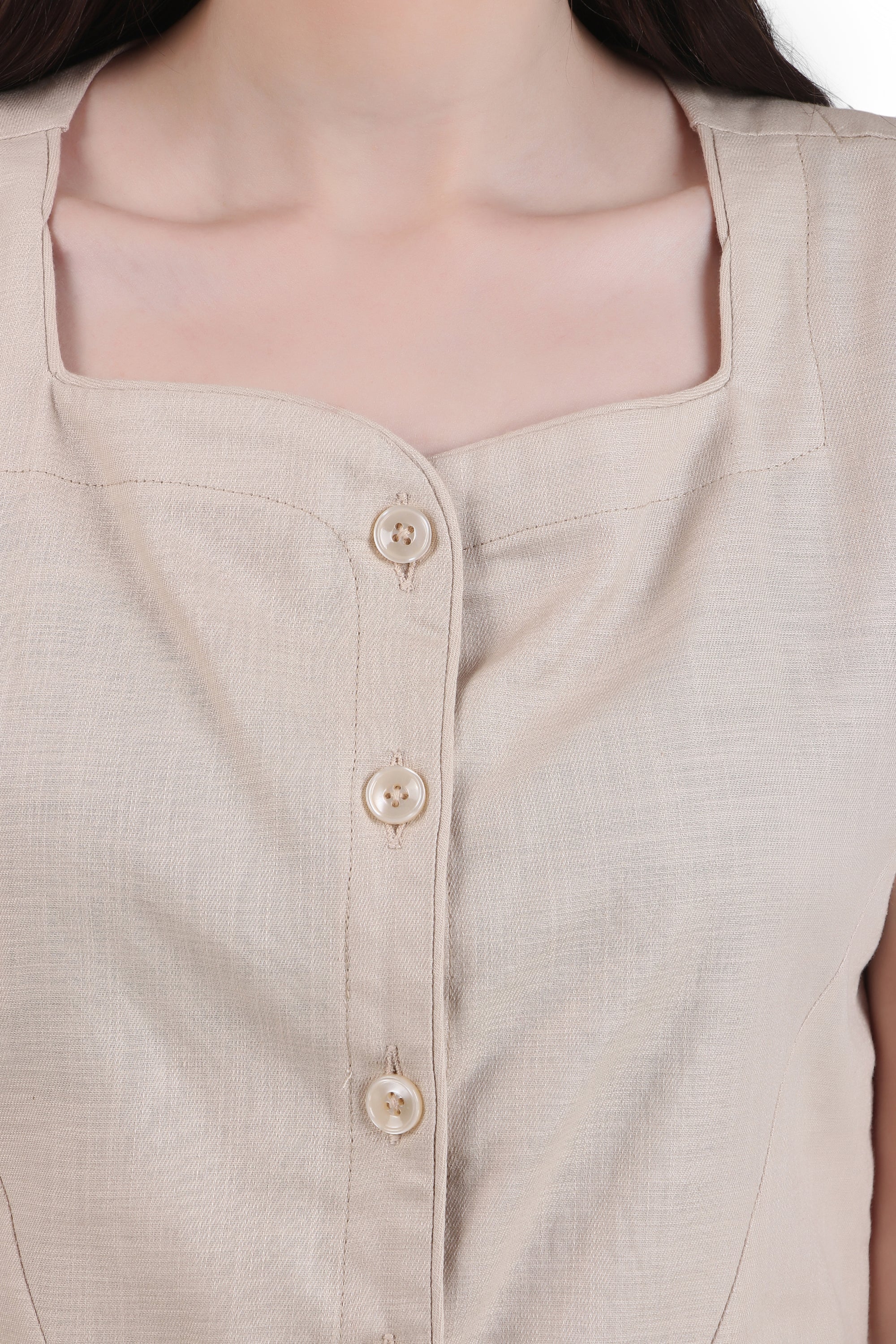 Breathable Linen Blend Vest Button-Up Top, Beige - Image 5