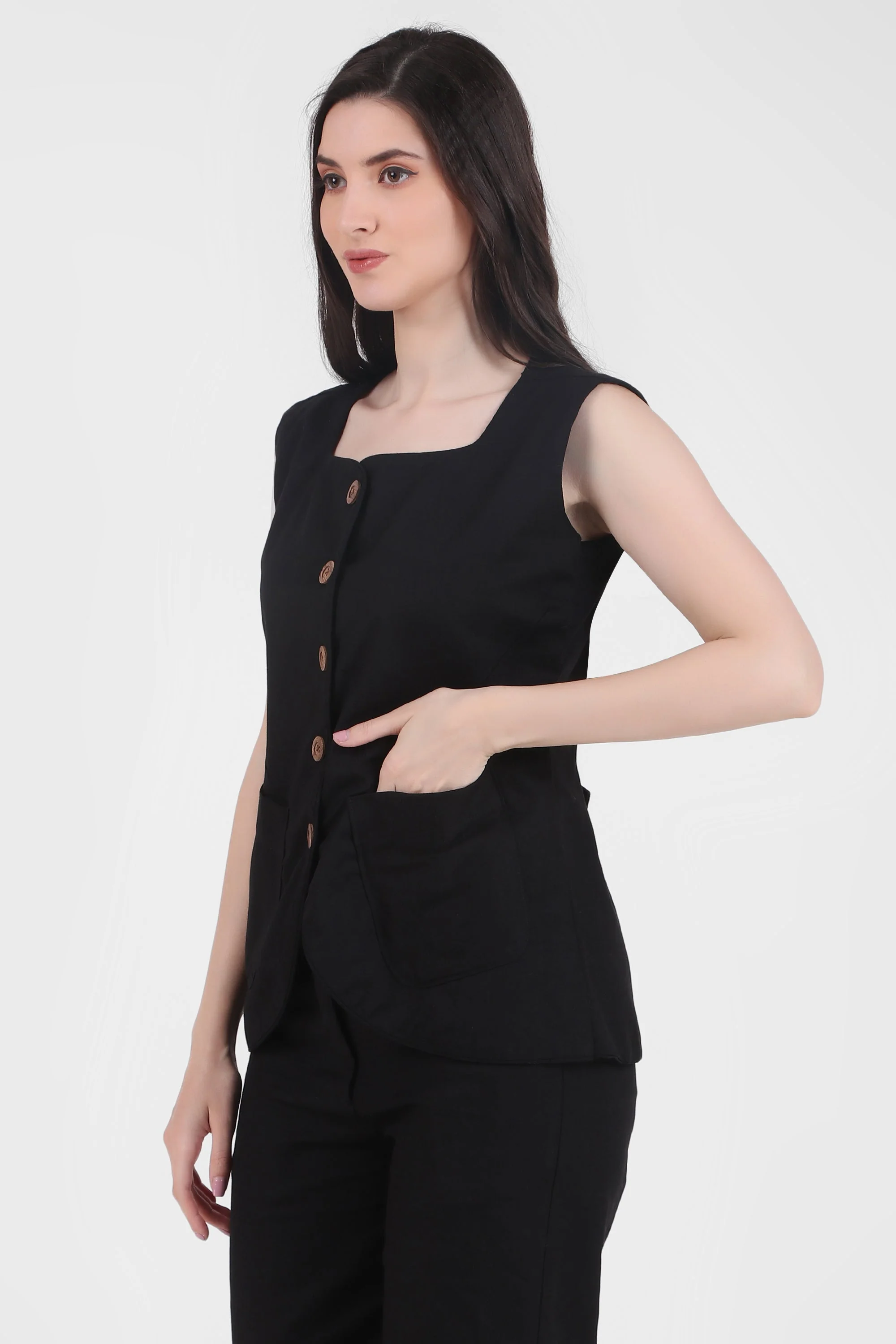 Breathable Linen Blend Vest Button-Up Top, Black - Image 3