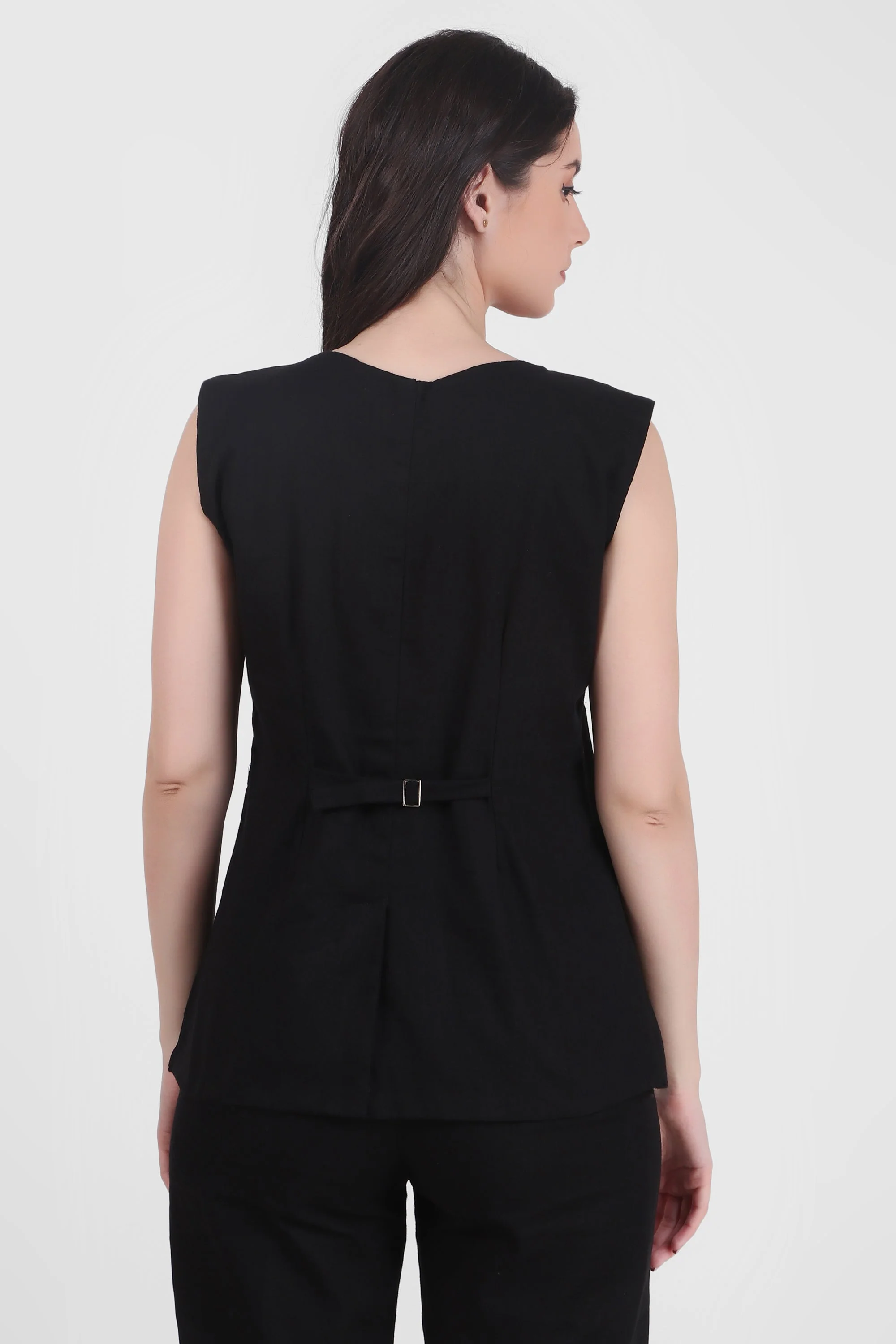 Breathable Linen Blend Vest Button-Up Top, Black - Image 4