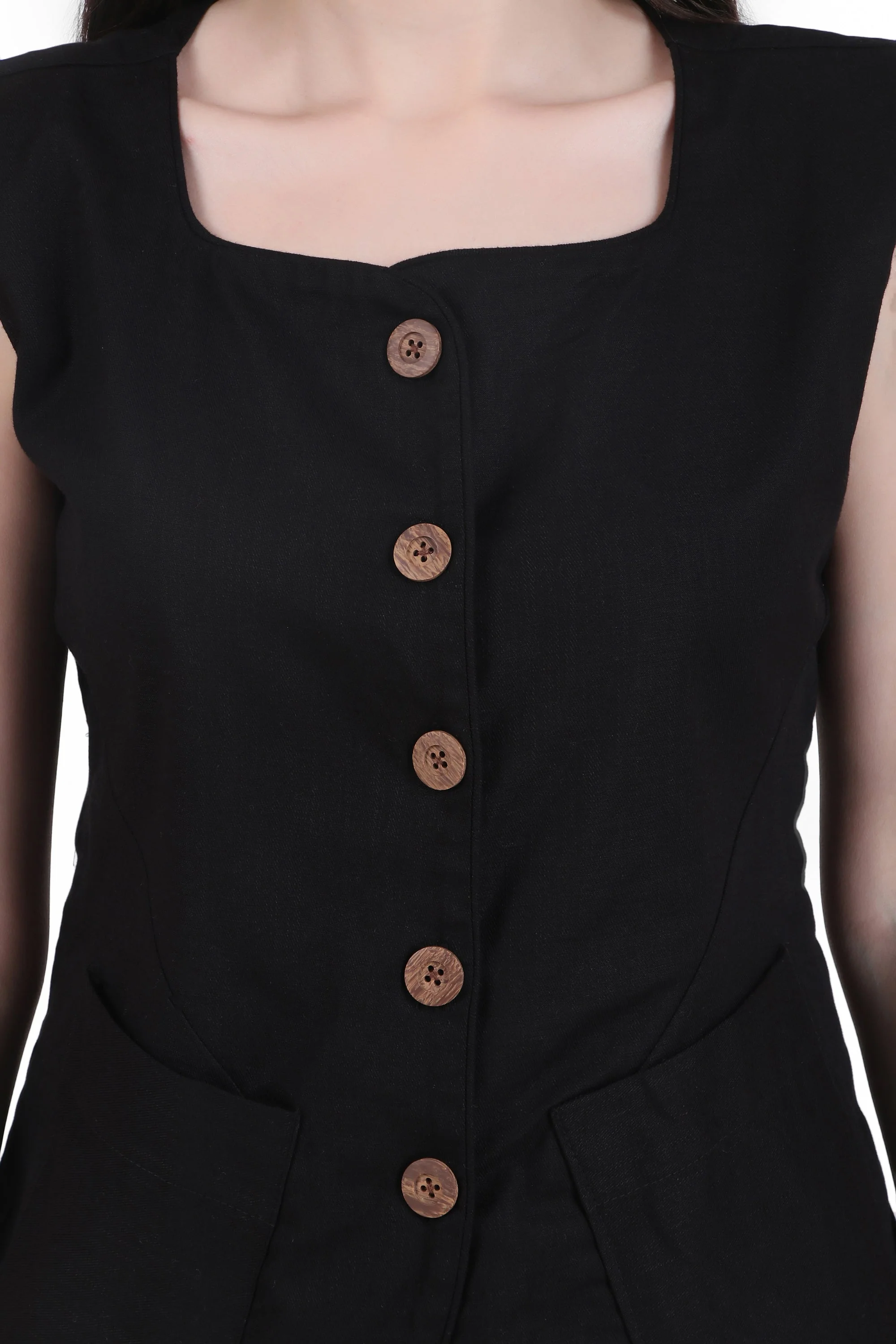 Breathable Linen Blend Vest Button-Up Top, Black - Image 5