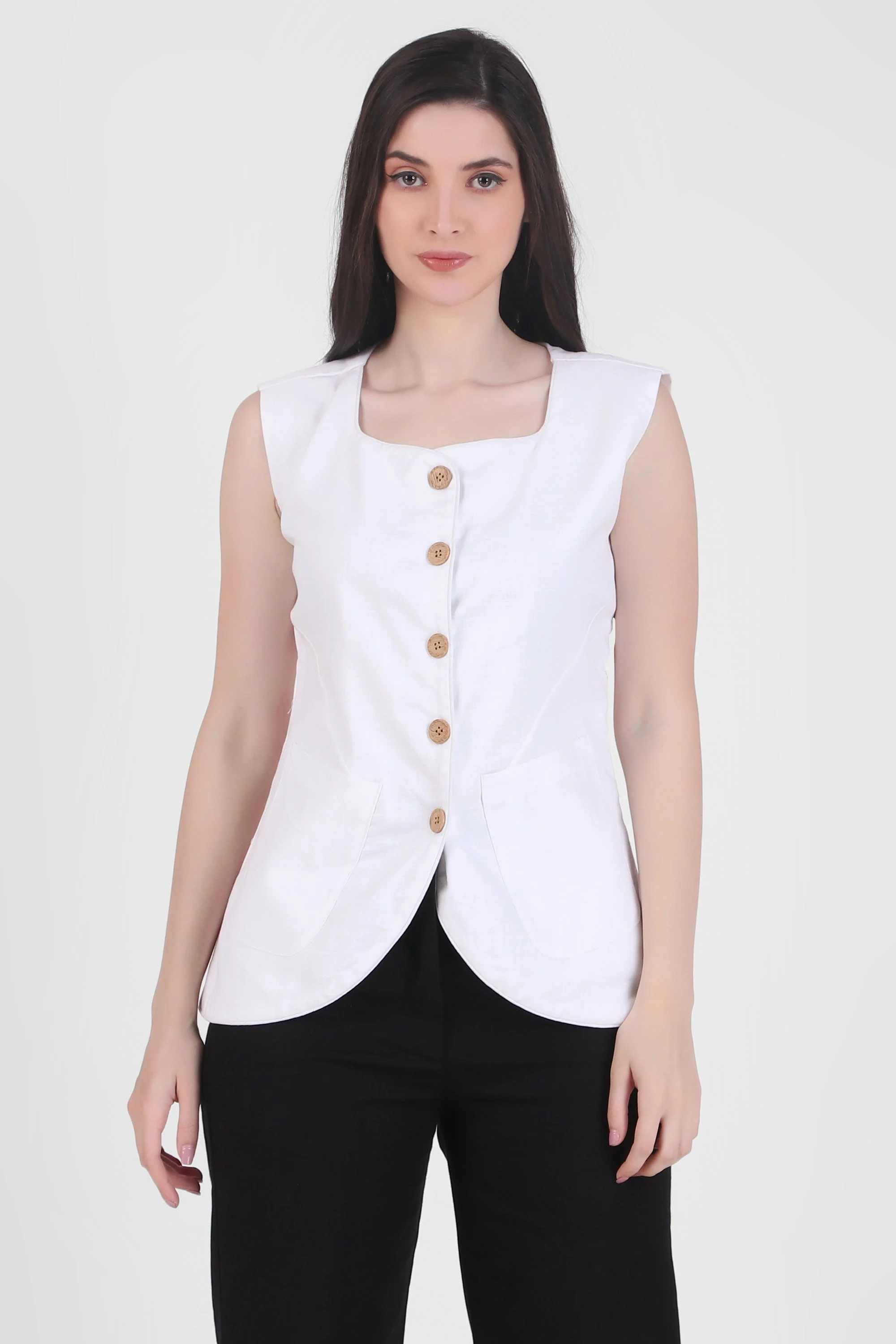 Breathable Linen Blend Vest Button-Up Top, White - Image 3