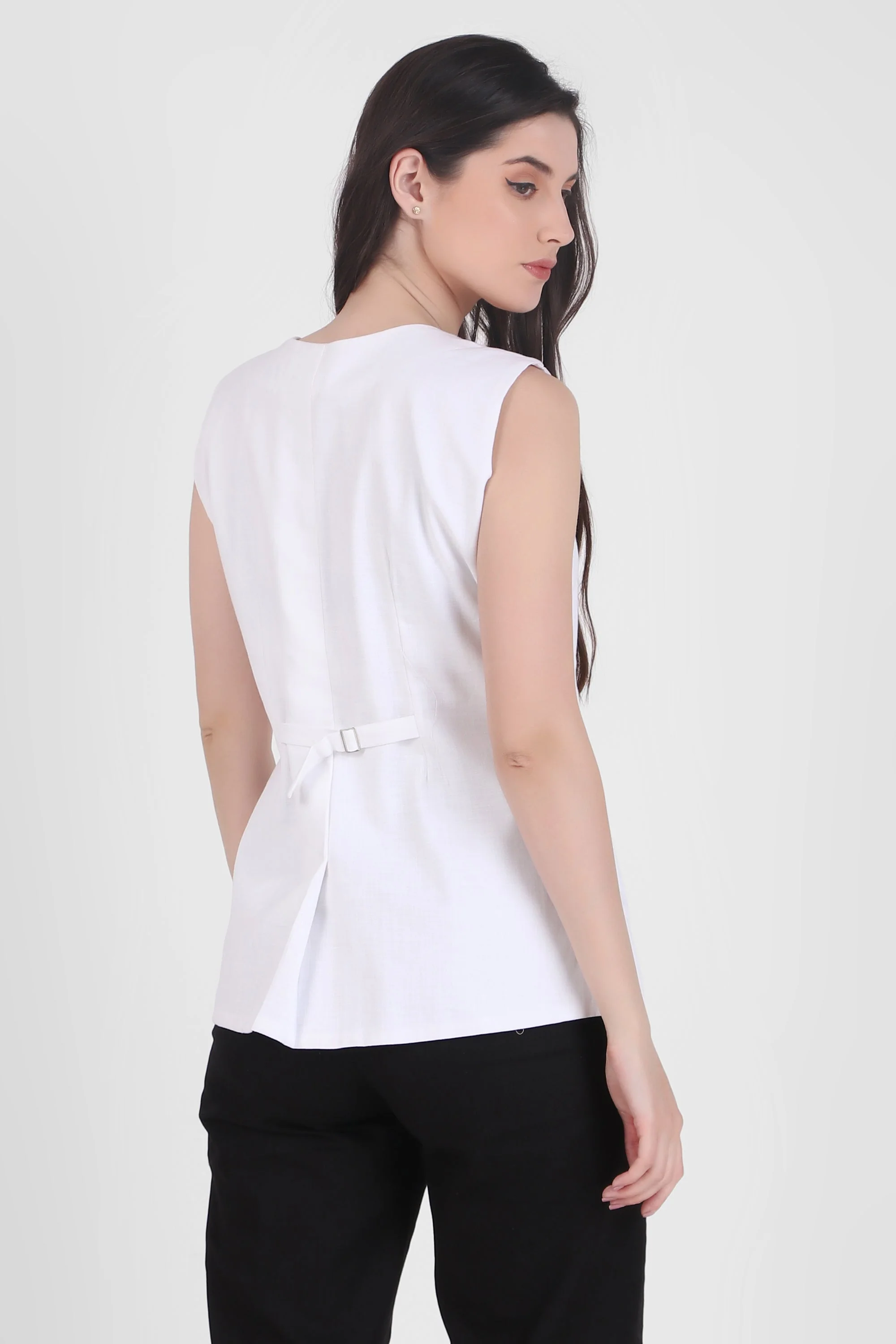 Breathable Linen Blend Vest Button-Up Top, White - Image 4