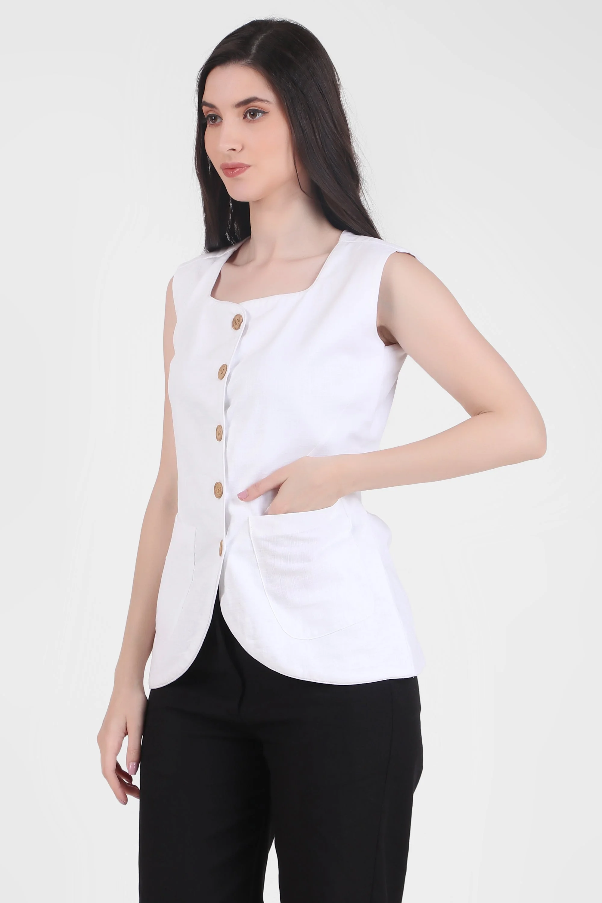 Breathable Linen Blend Vest Button-Up Top, White - Image 5