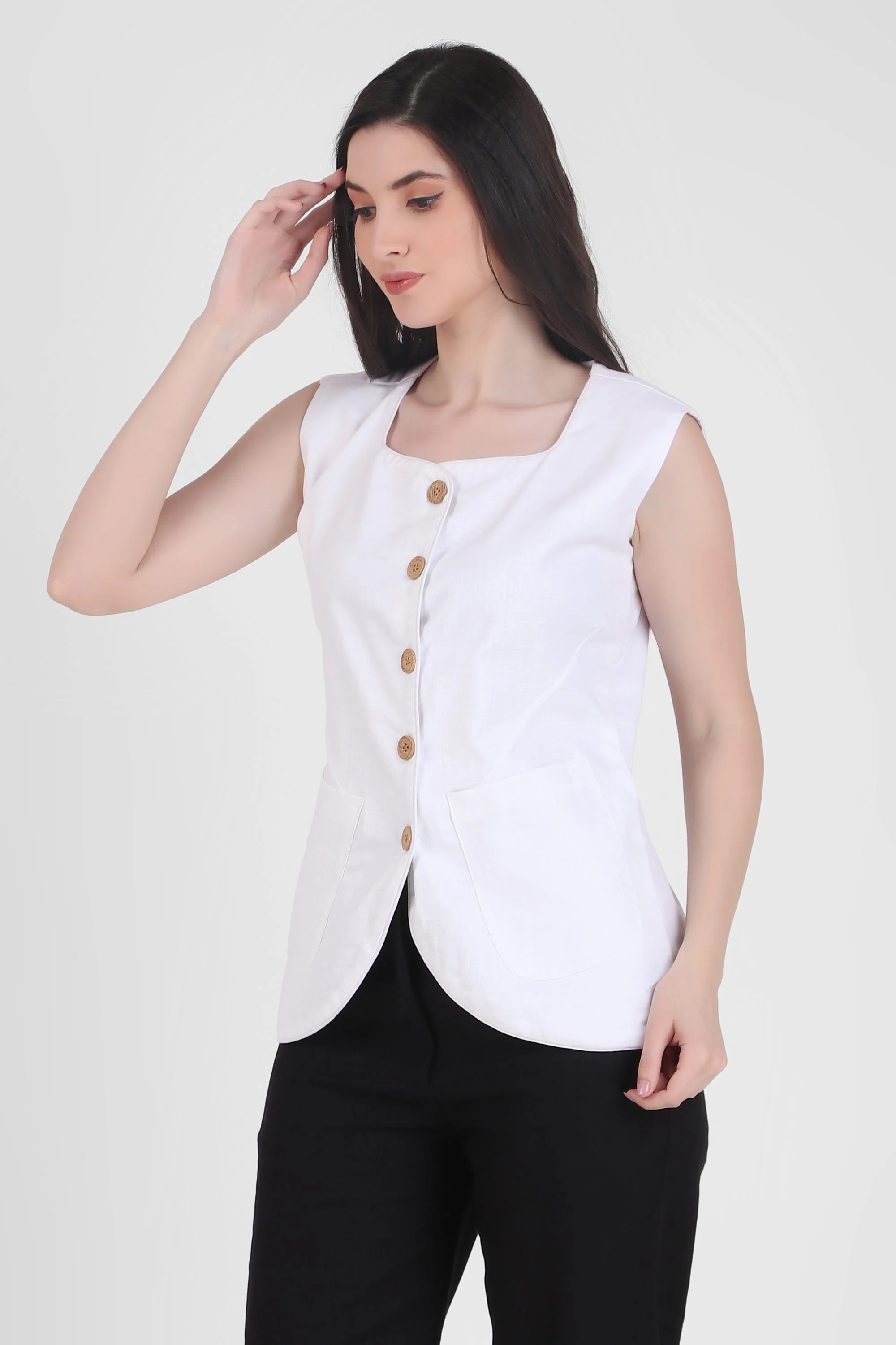 Breathable Linen Blend Vest Button-Up Top, White - Image 6