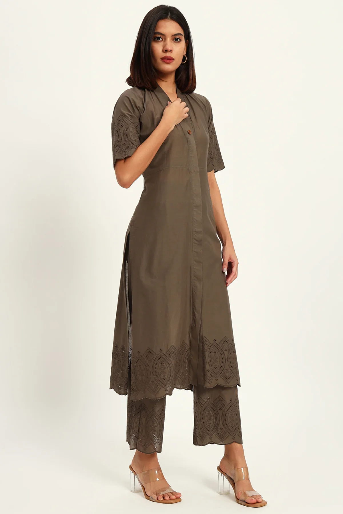 Chikankari Charm Kurta Set, Taupe - Image 3