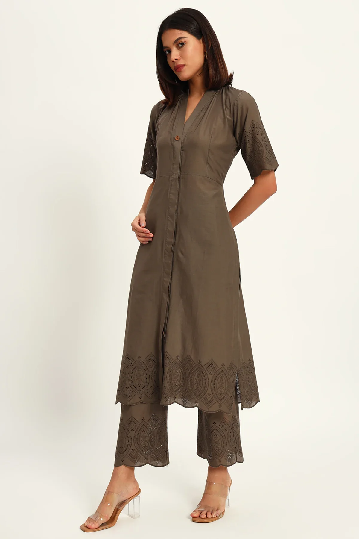 Chikankari Charm Kurta Set, Taupe - Image 4