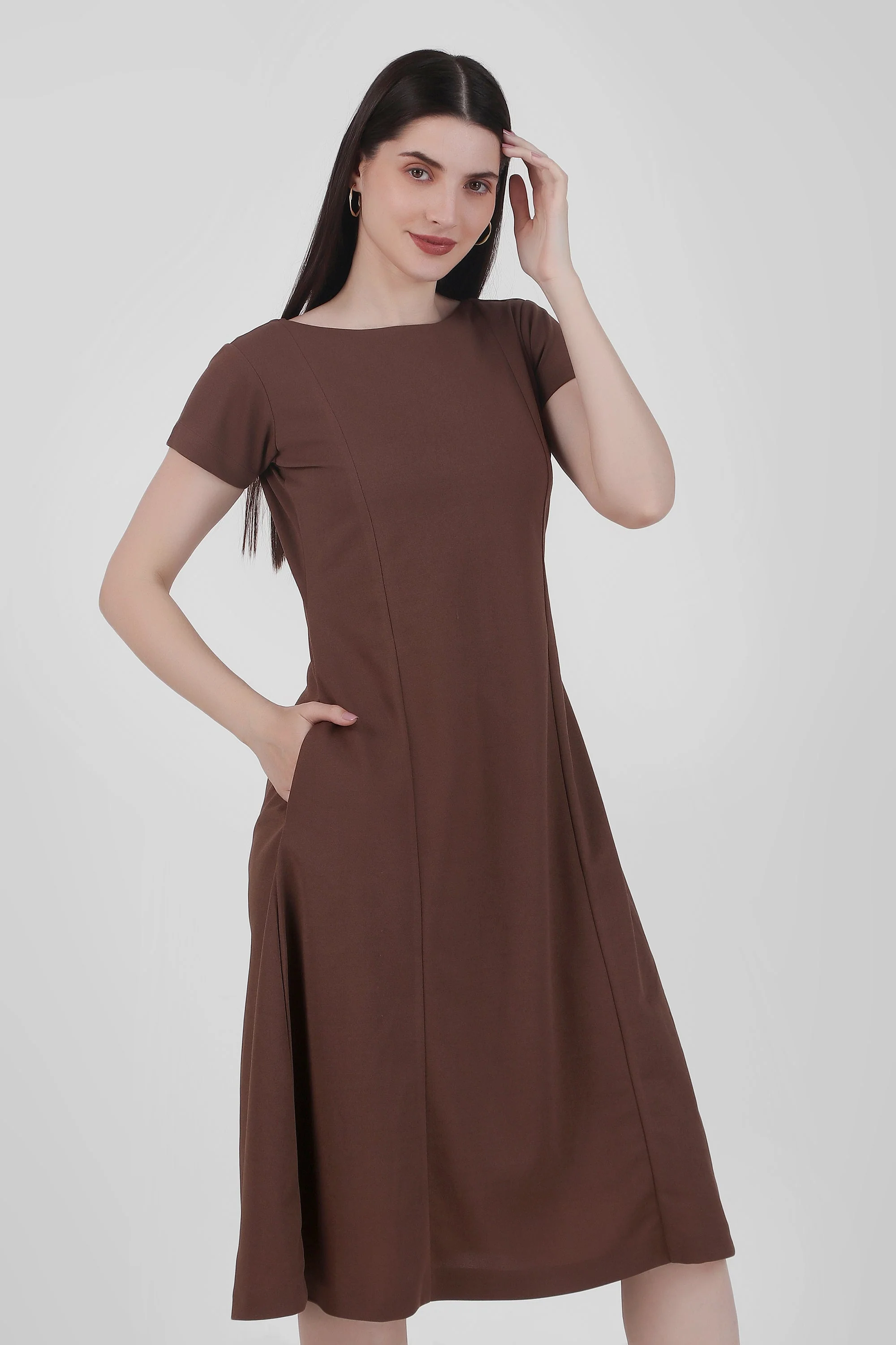 Classic Comfort A-line Dress, Brown - Image 6