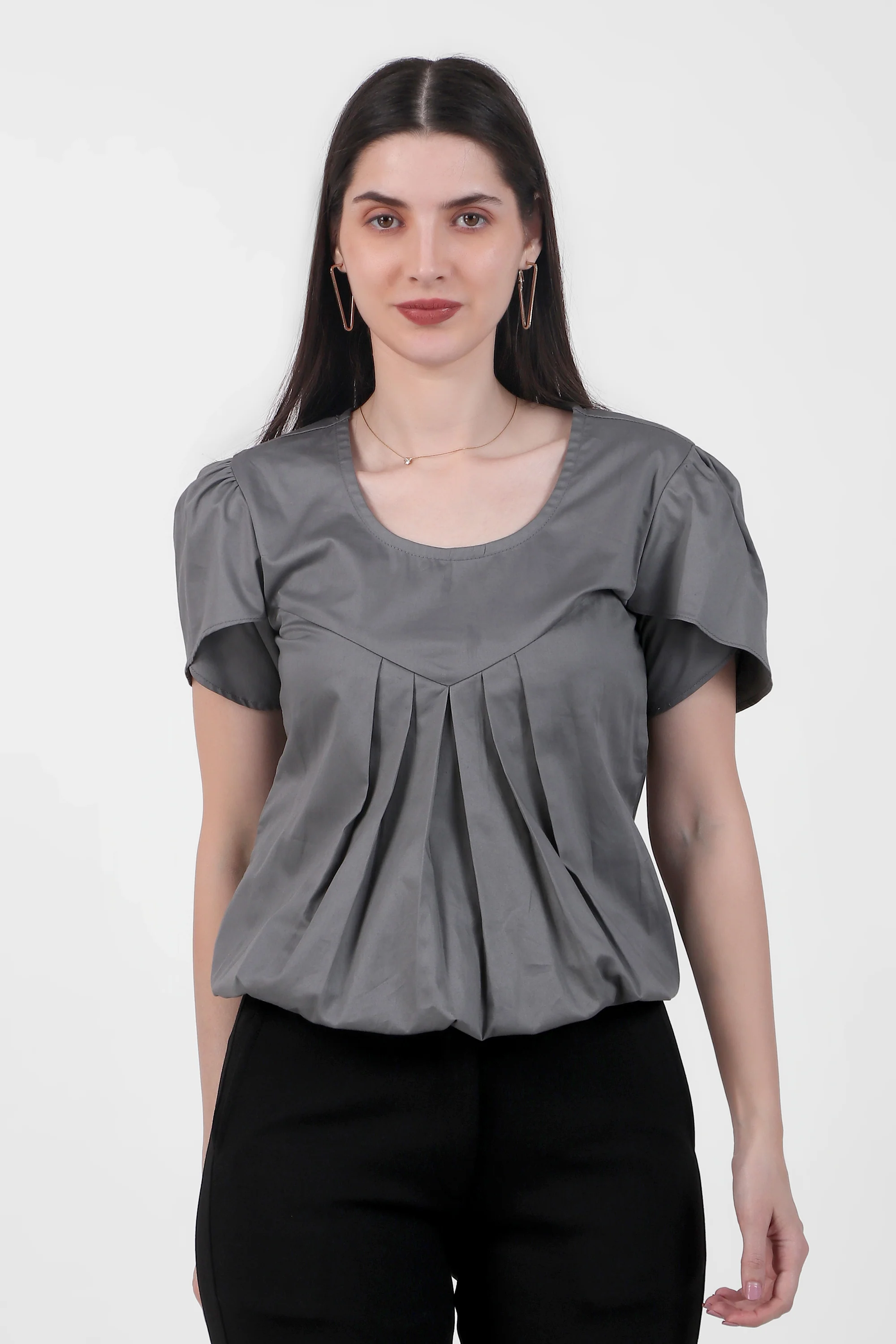 Classic Tulip Sleeves Cotton Top, Dark Gray - Image 3
