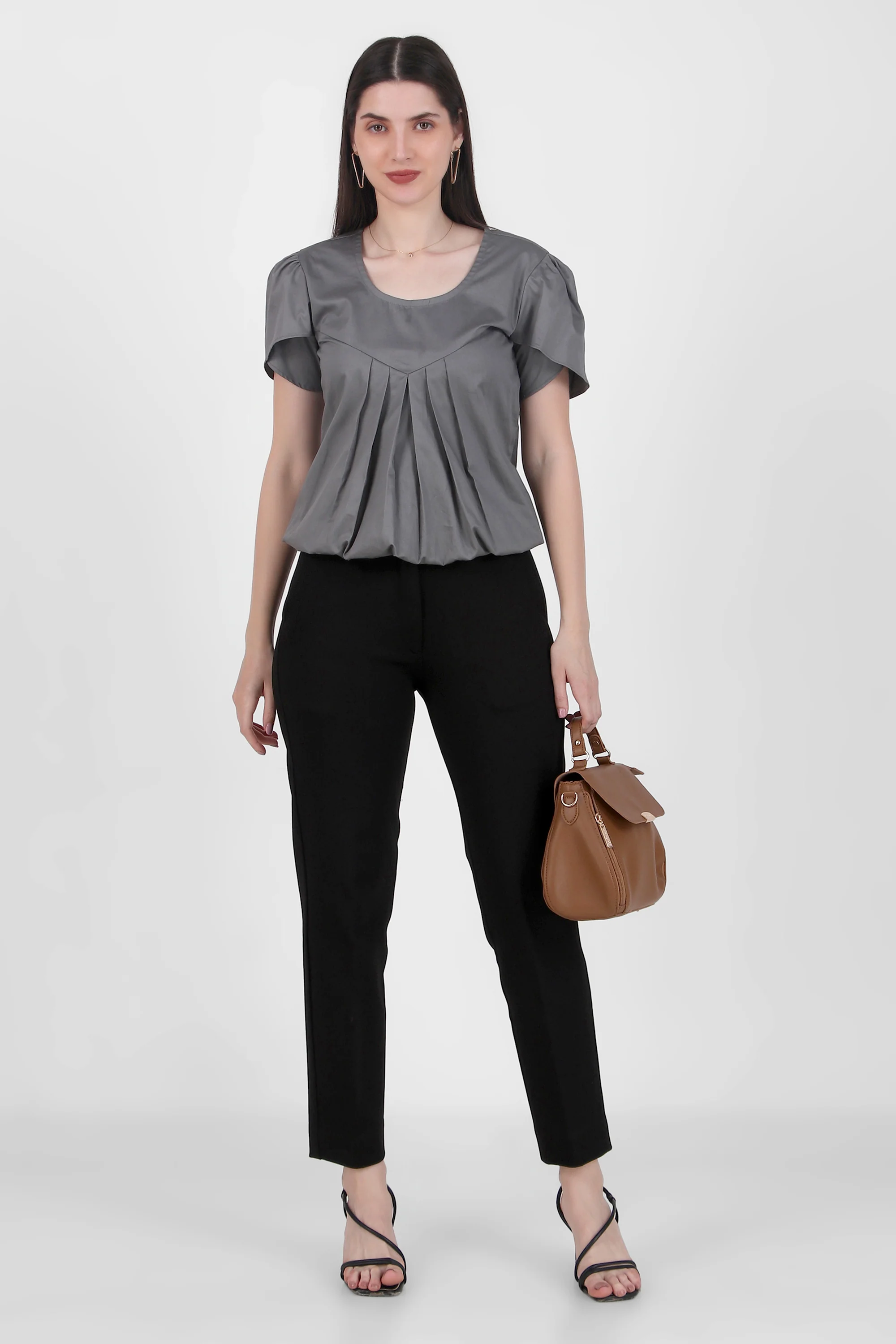 Classic Tulip Sleeves Cotton Top, Dark Gray - Image 4