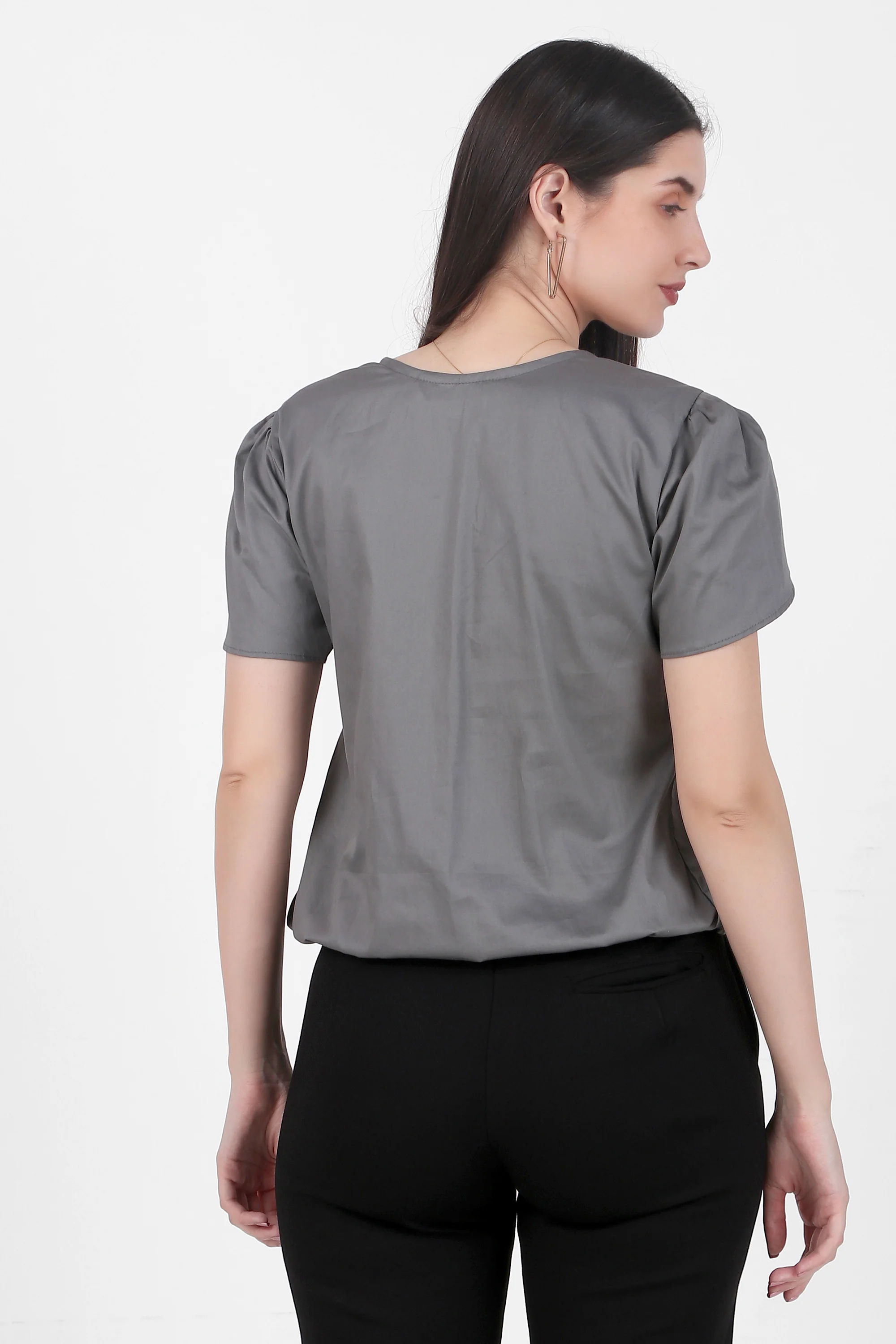 Classic Tulip Sleeves Cotton Top, Dark Gray - Image 5