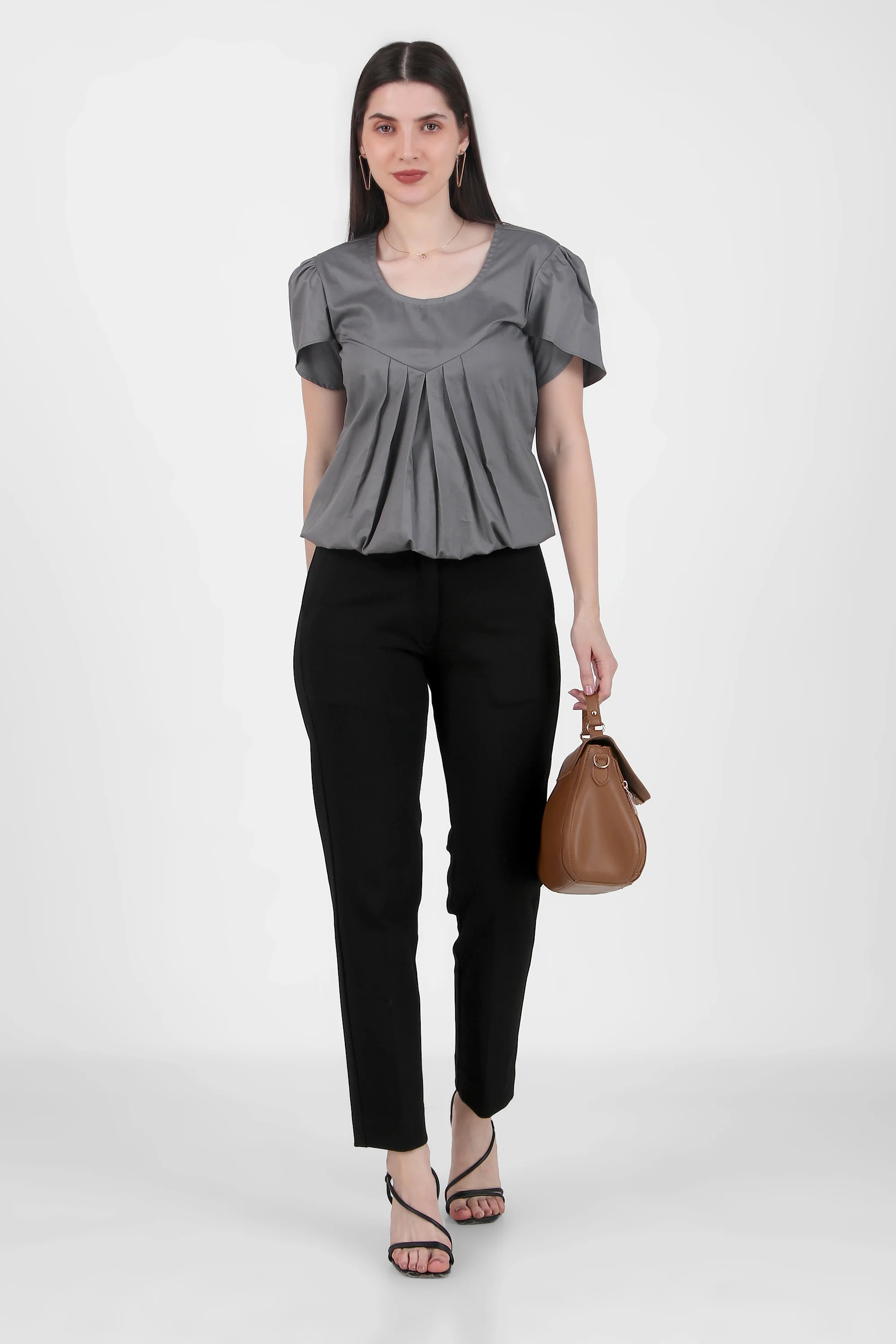 Classic Tulip Sleeves Cotton Top, Dark Gray - Image 6