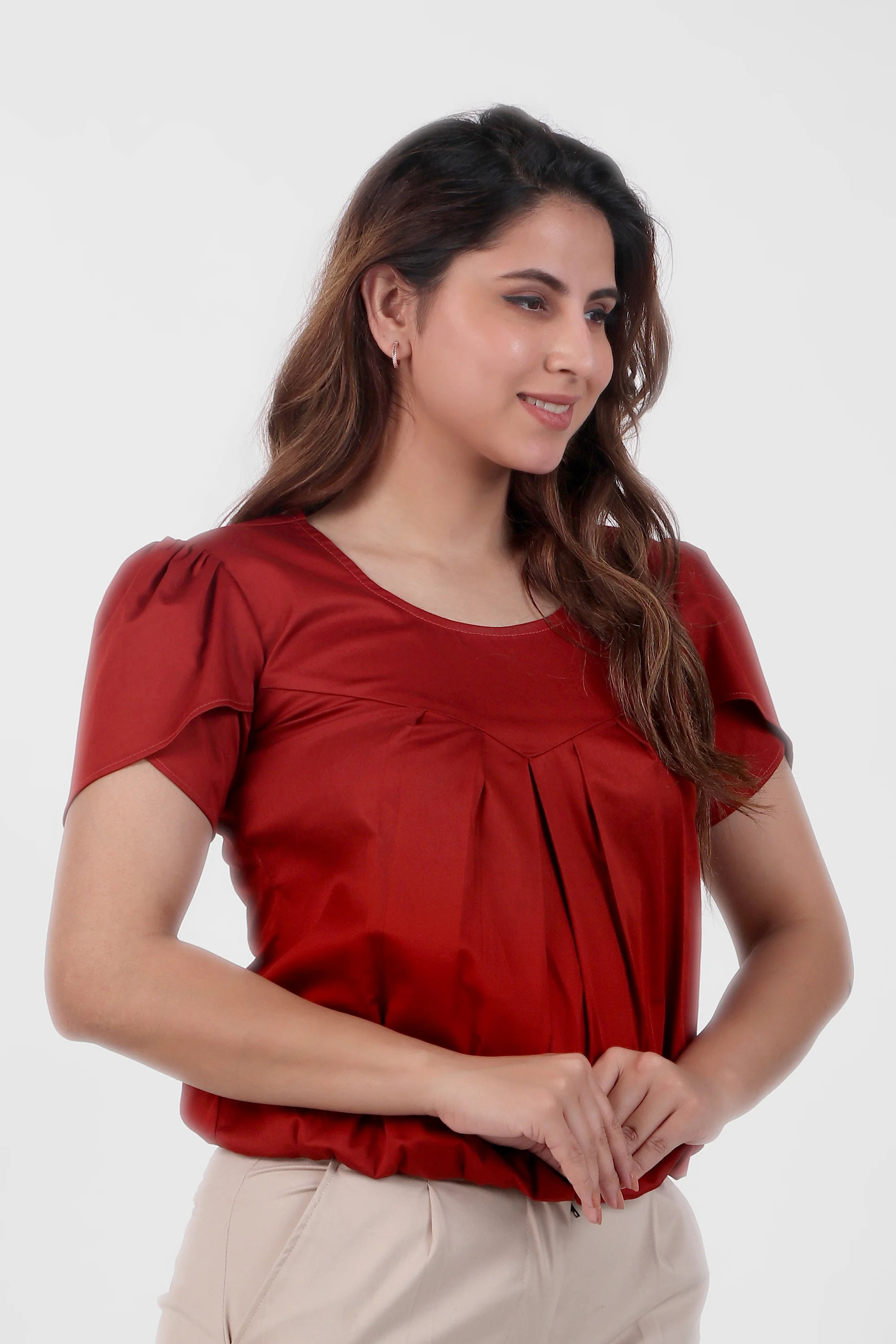 Classic Tulip Sleeves Cotton Top, Maroon - Image 3