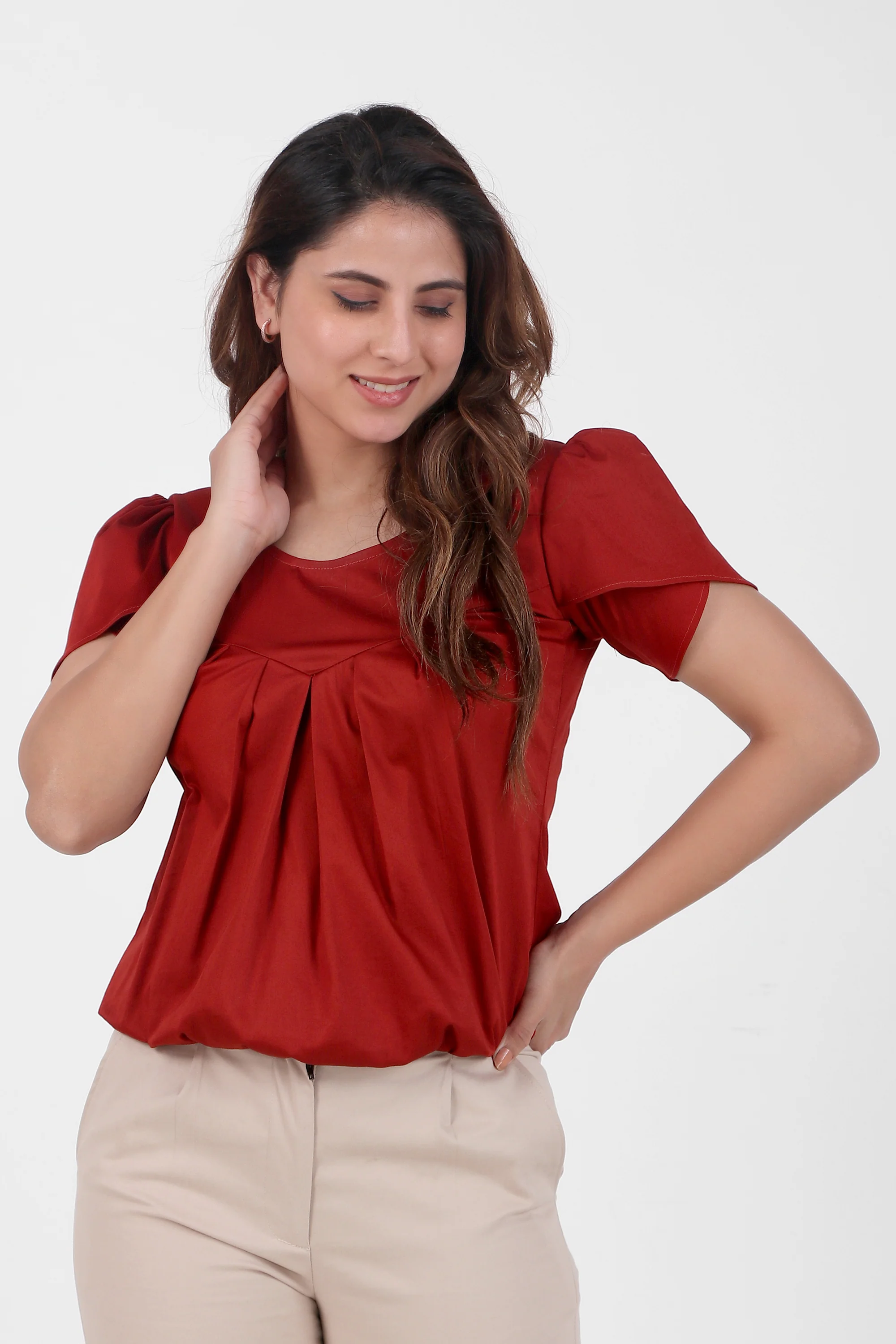 Classic Tulip Sleeves Cotton Top, Maroon - Image 5