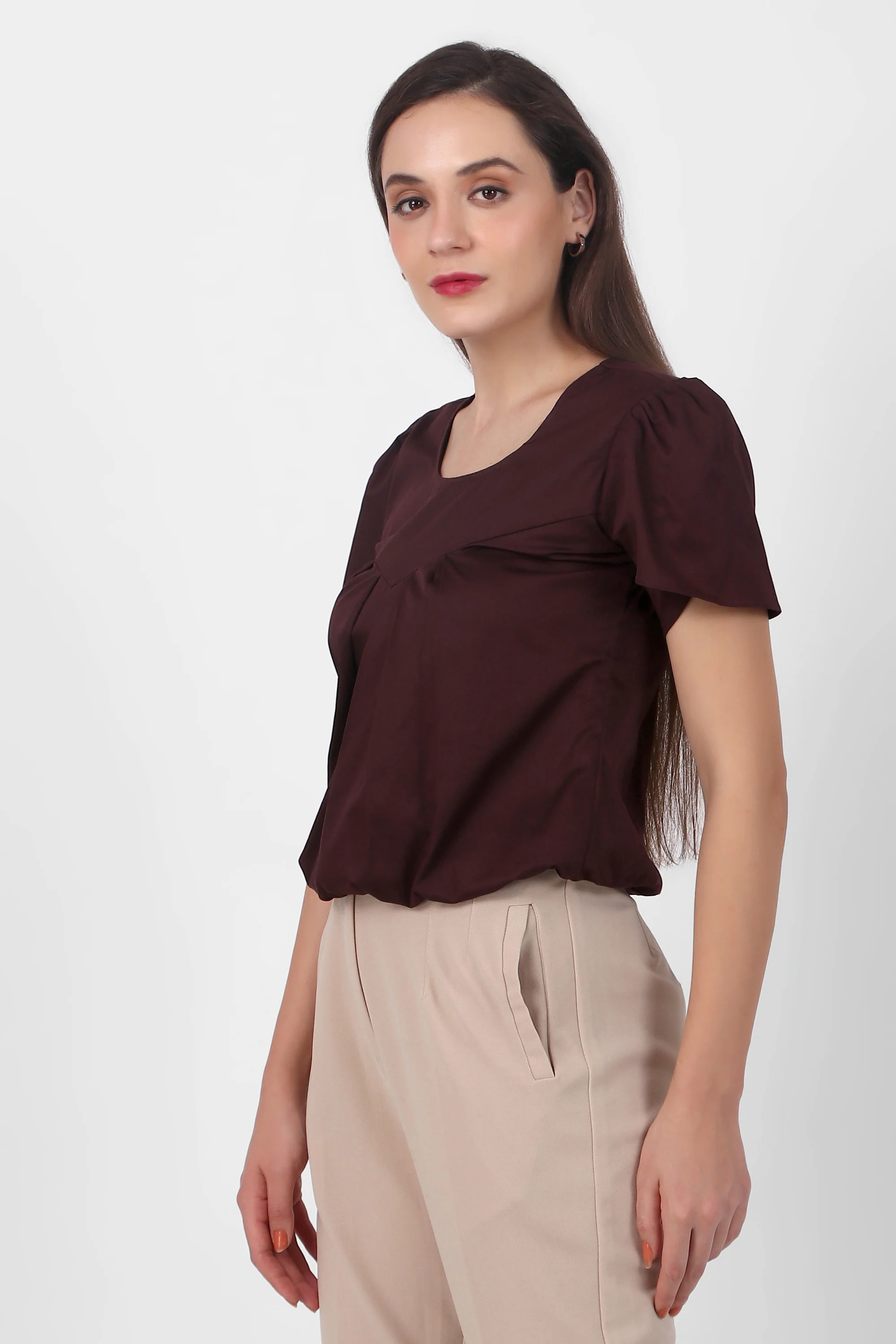 Classic Tulip Sleeves Cotton Top, Plum - Image 3