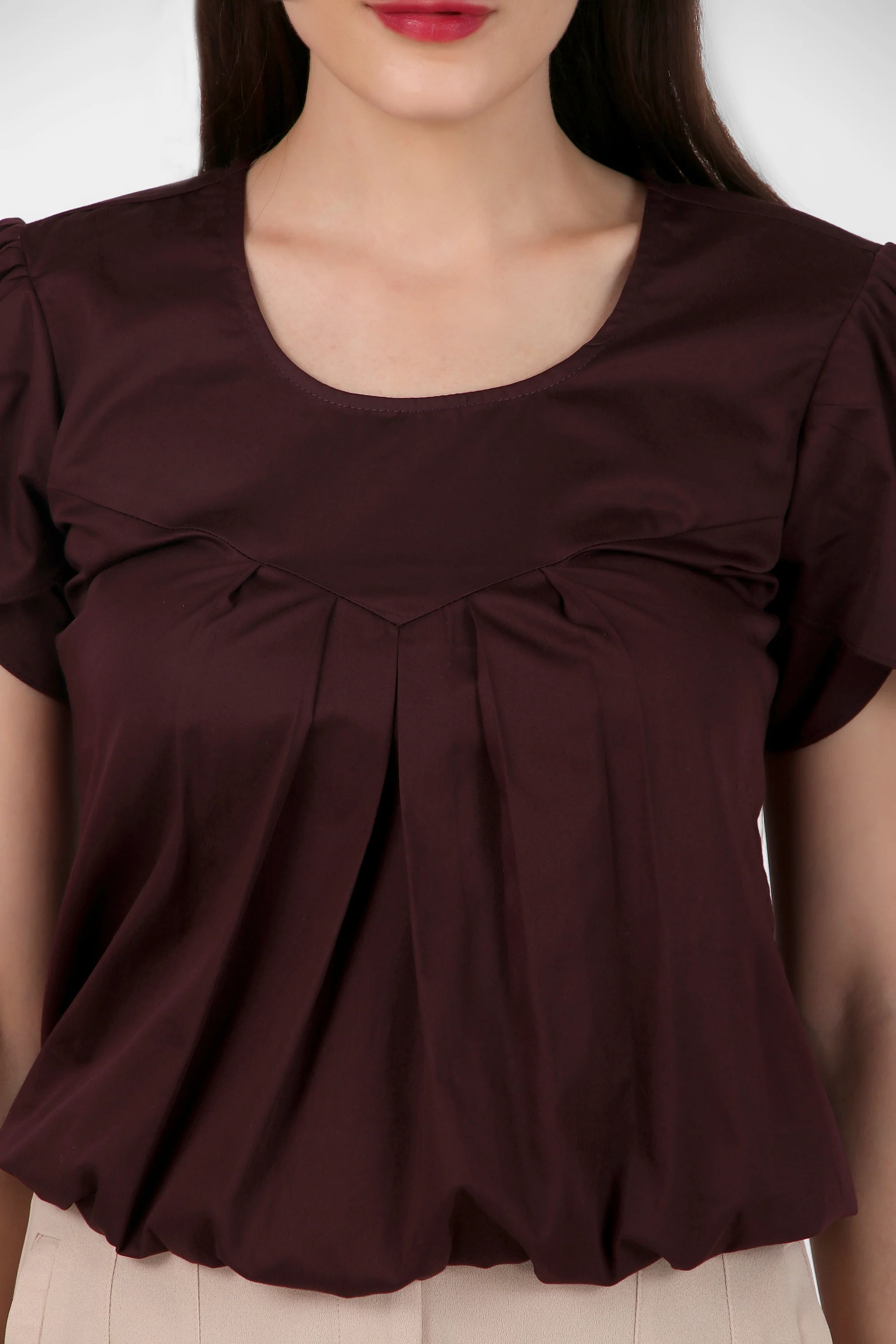 Classic Tulip Sleeves Cotton Top, Plum - Image 6