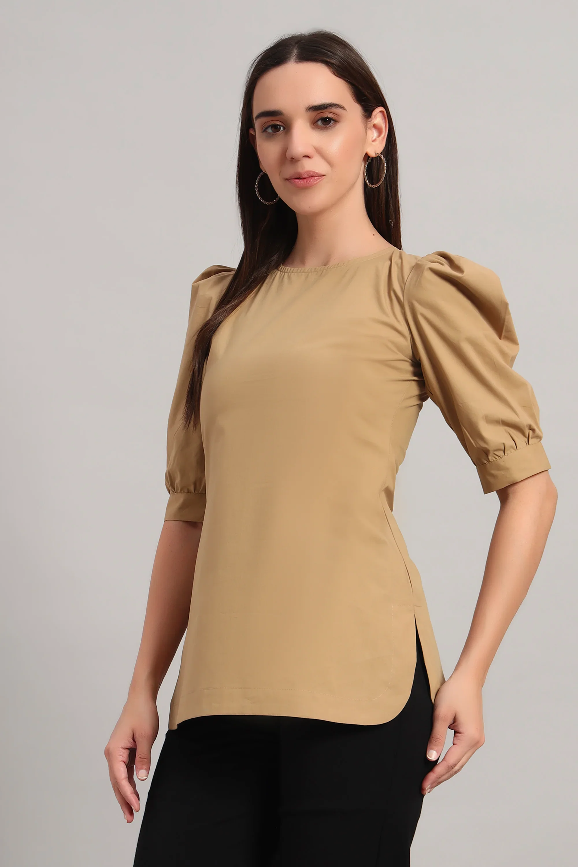 Comfy Khaki Round Neck Cotton Top - Image 4