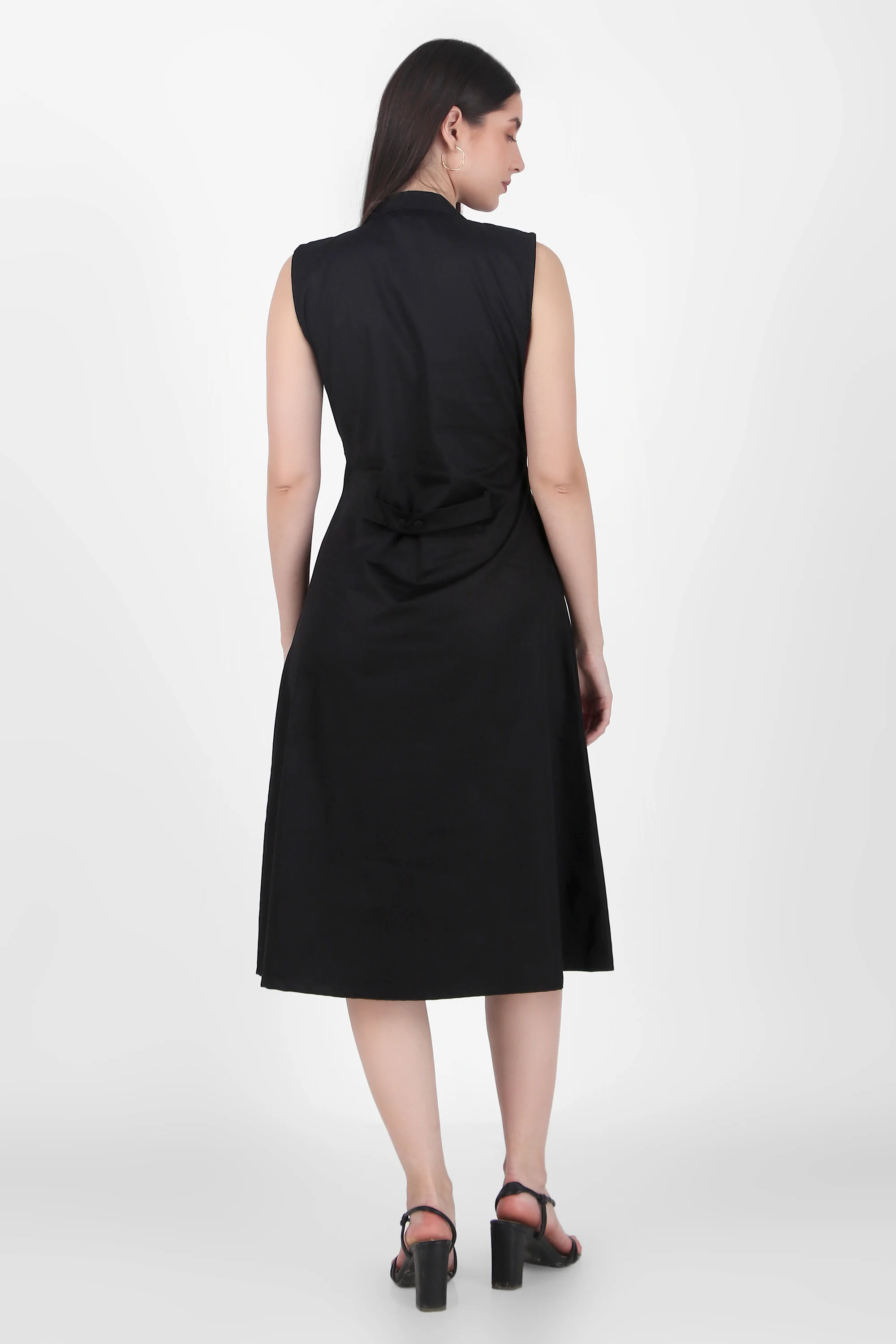 Lapel Grace Calf-Length Dress, Black - Image 3