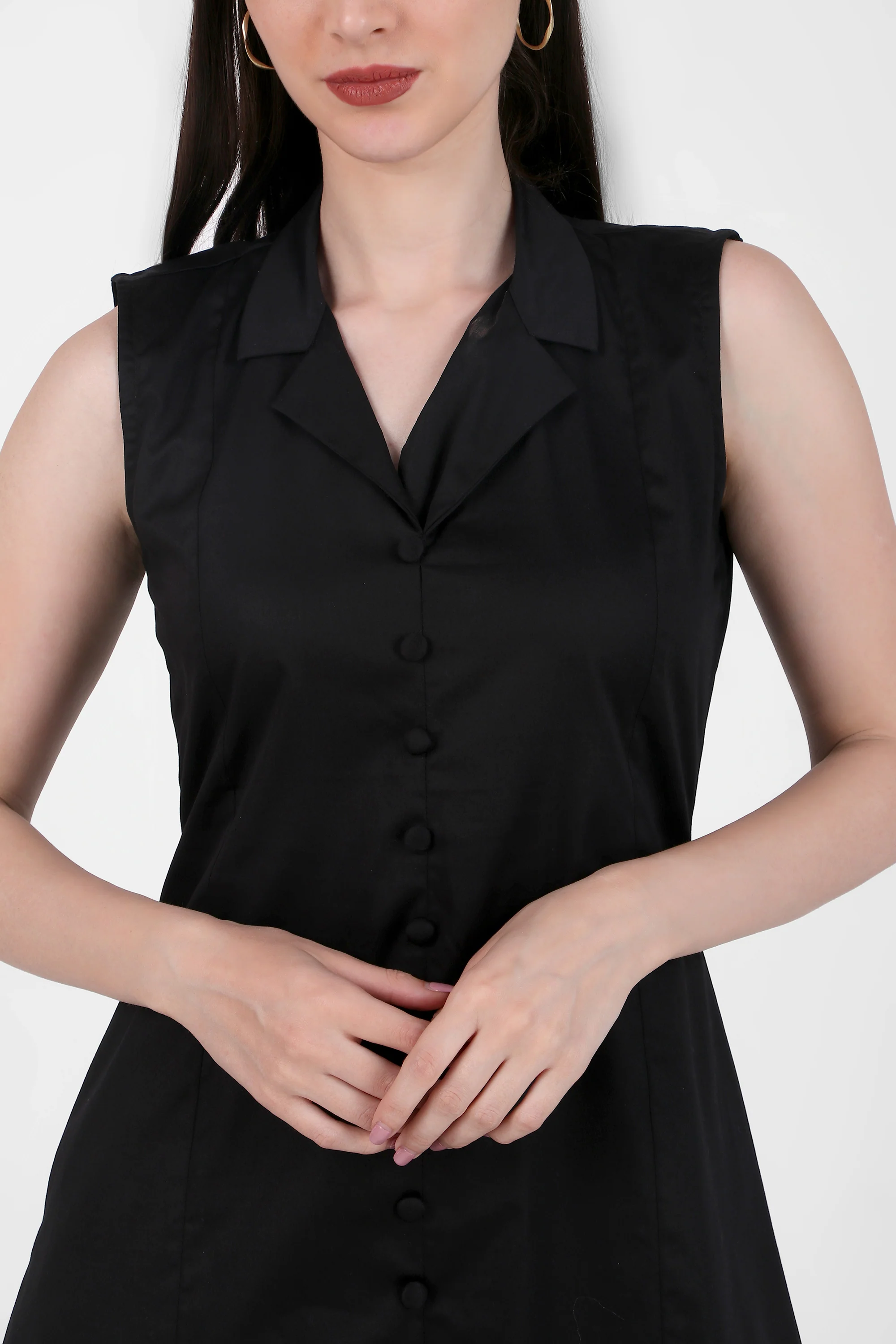 Lapel Grace Calf-Length Dress, Black - Image 4