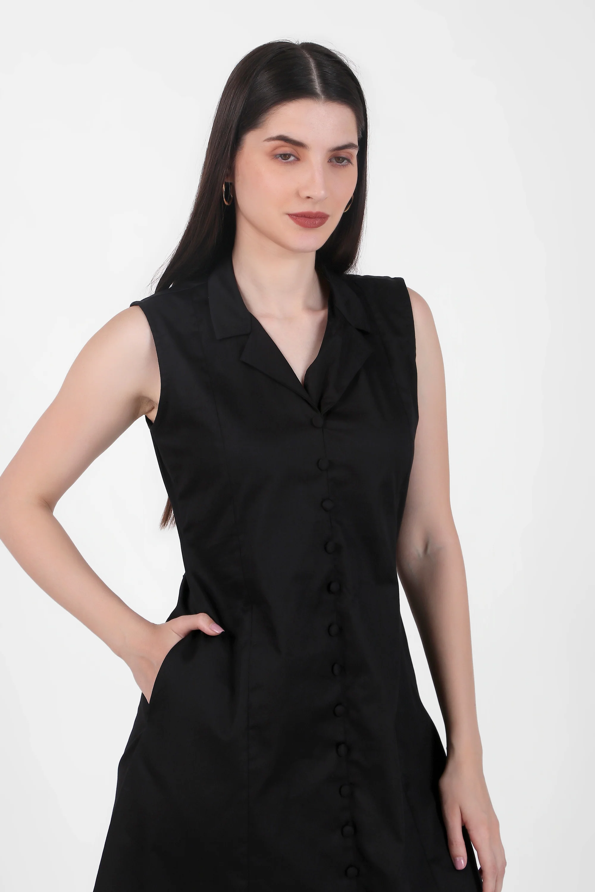 Lapel Grace Calf-Length Dress, Black - Image 5