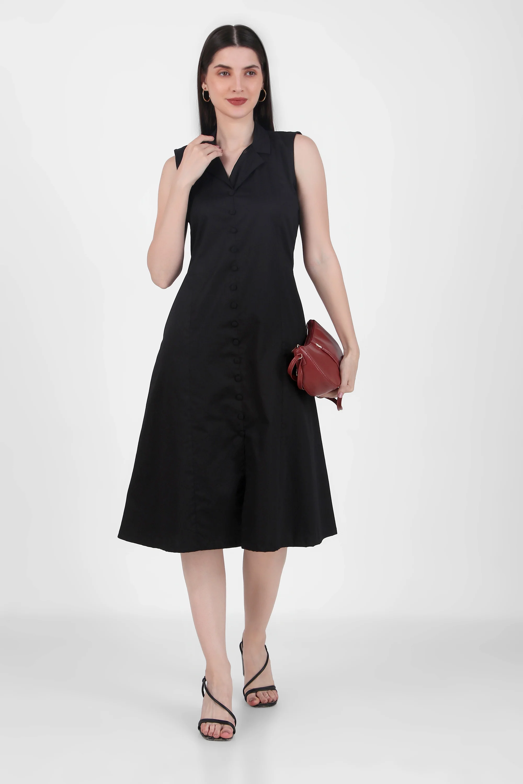 Lapel Grace Calf-Length Dress, Black - Image 7