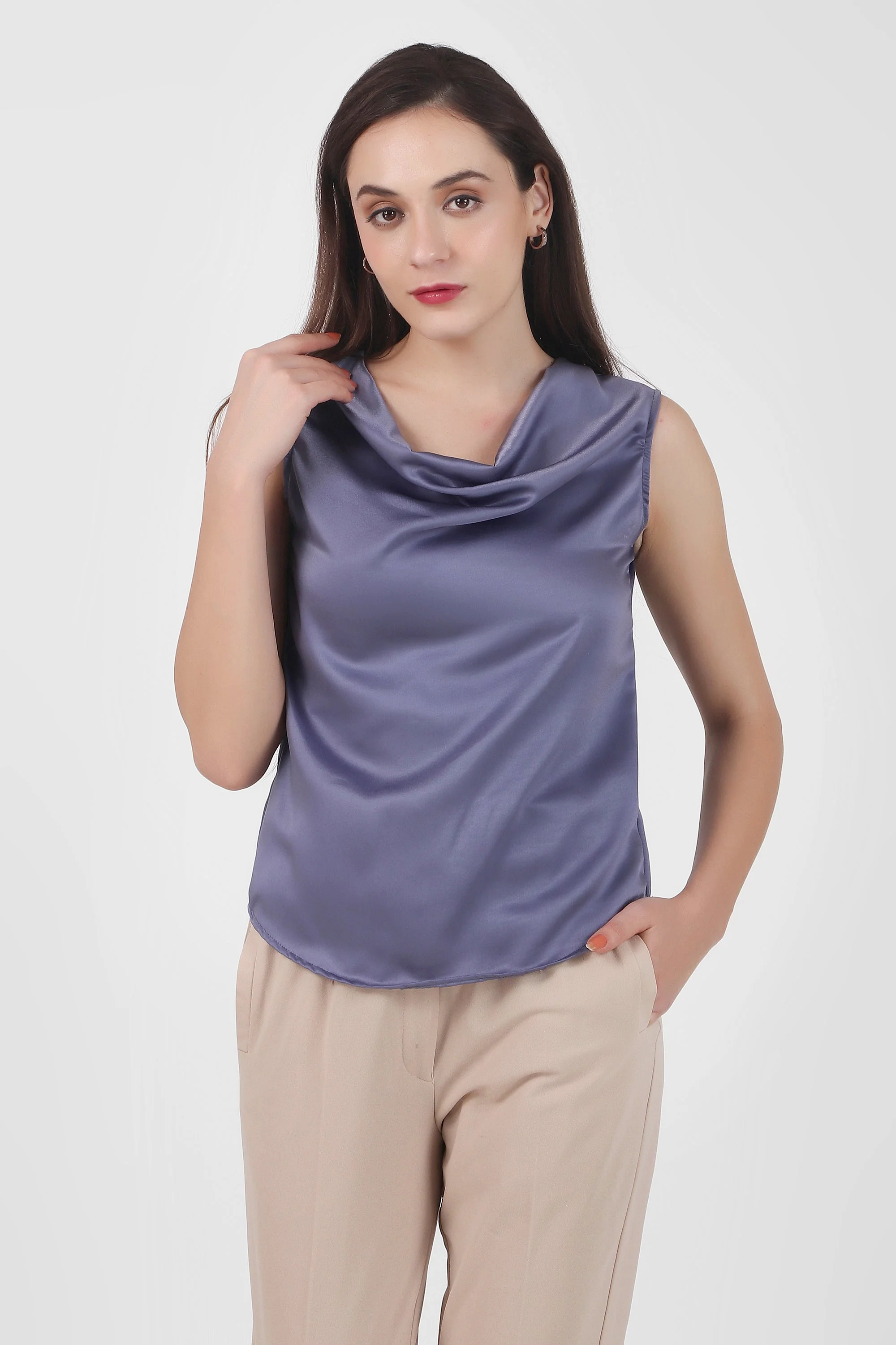 Drapey Cowl Neck Sleevless Top, Lavendar - Image 4