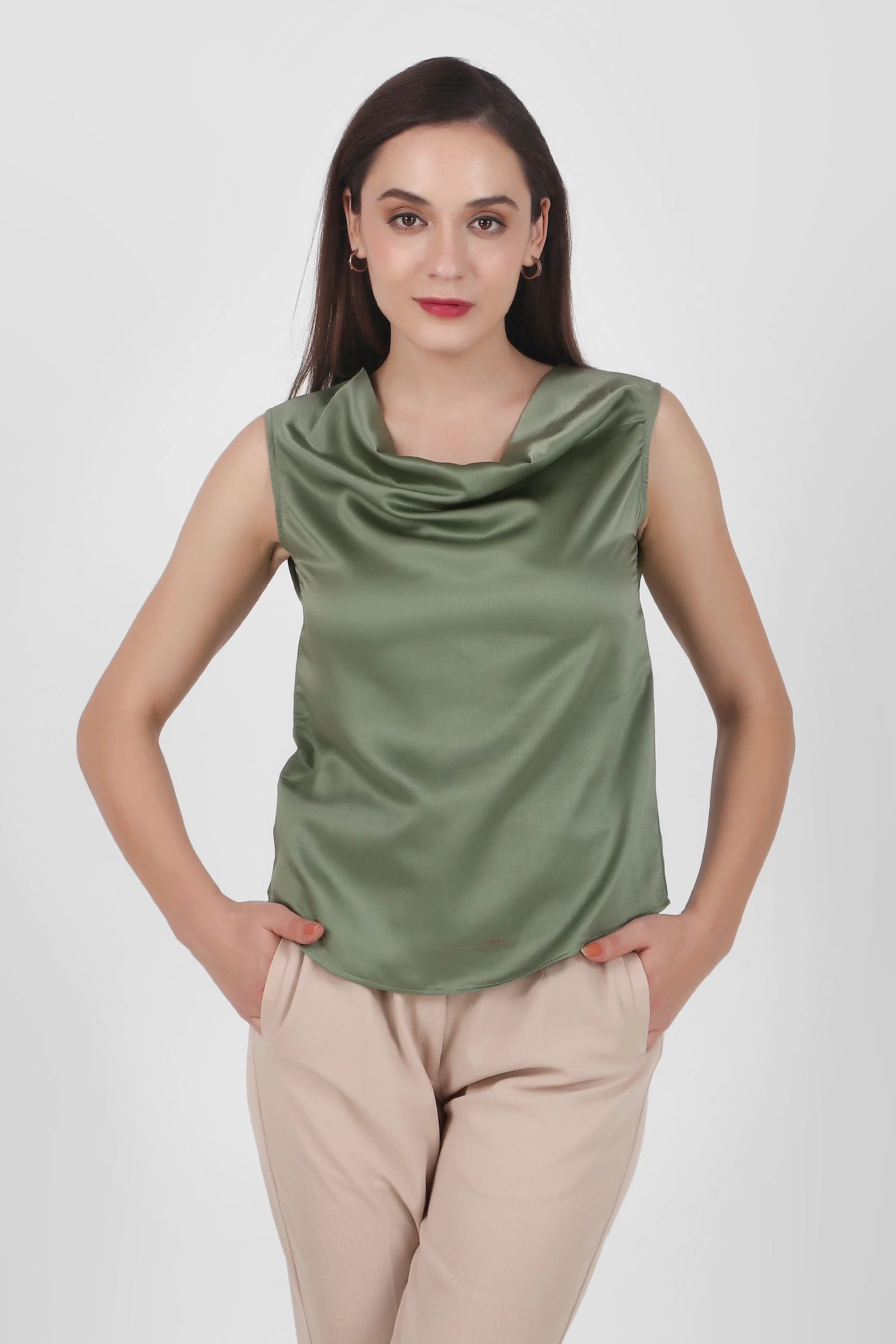 Drapey Cowl Neck Sleevless Top, Sage Green - Image 5