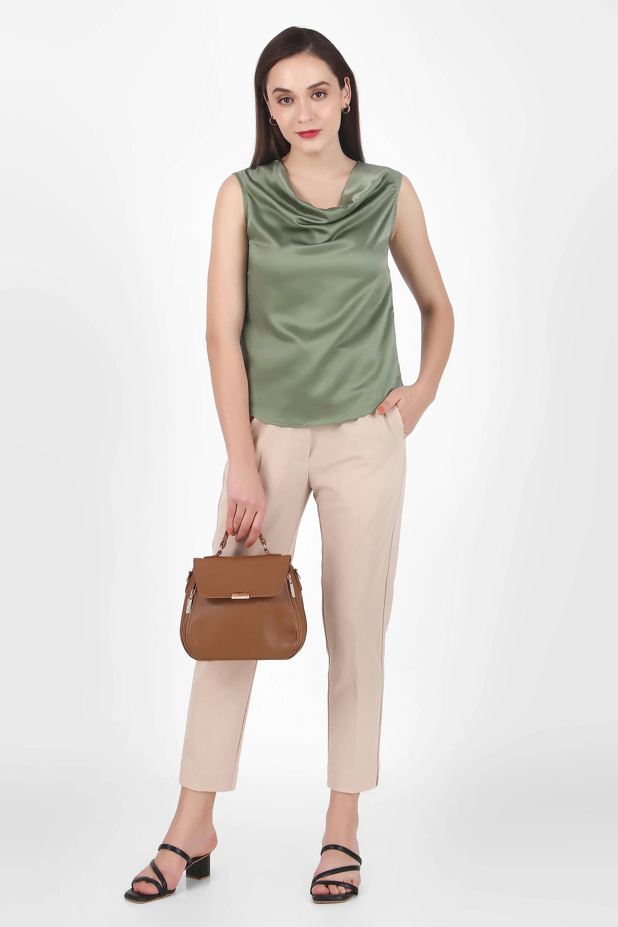 Drapey Cowl Neck Sleevless Top, Sage Green - Image 6