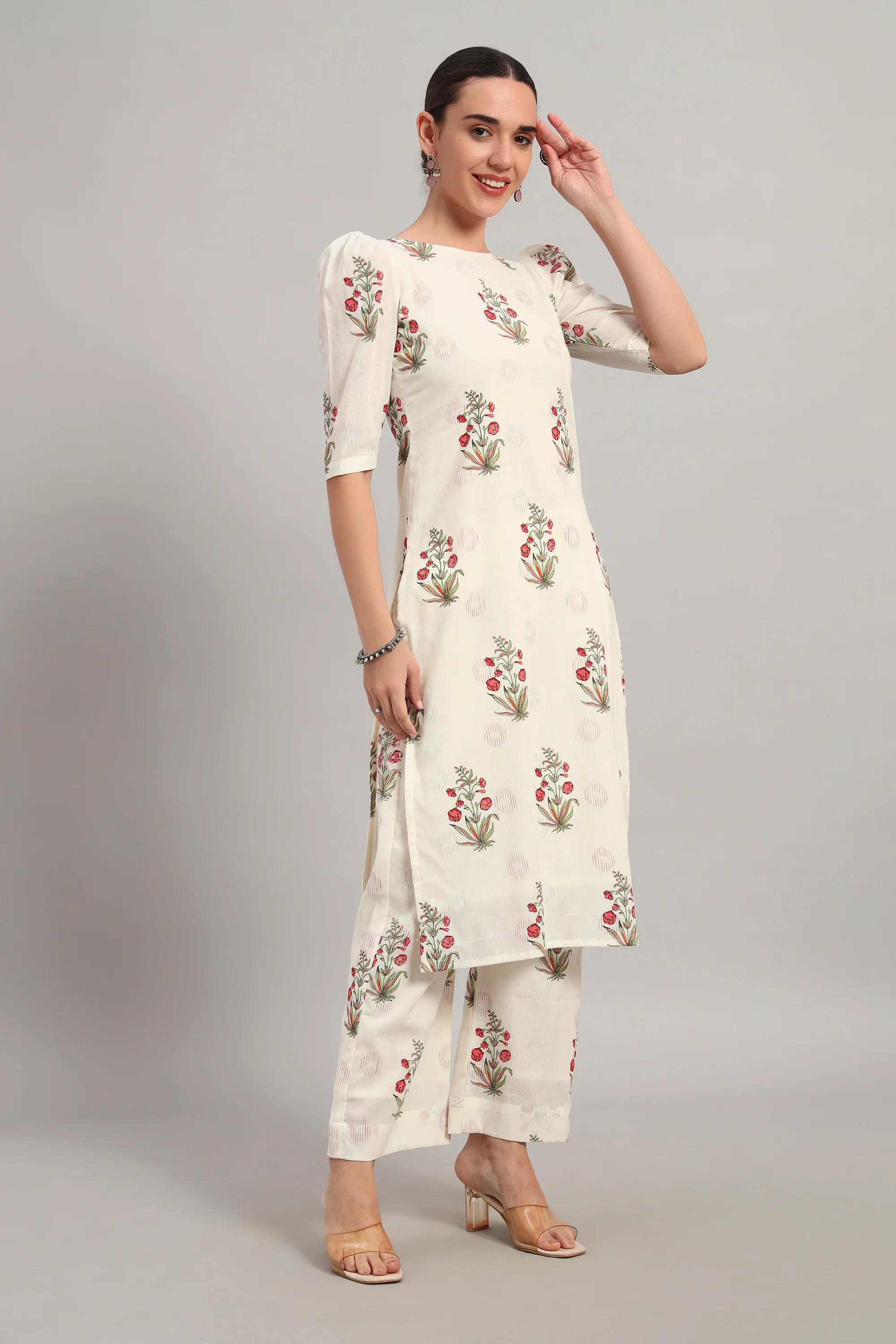 Dufftar Diaries Kurta Set, Floral Beige - Image 3