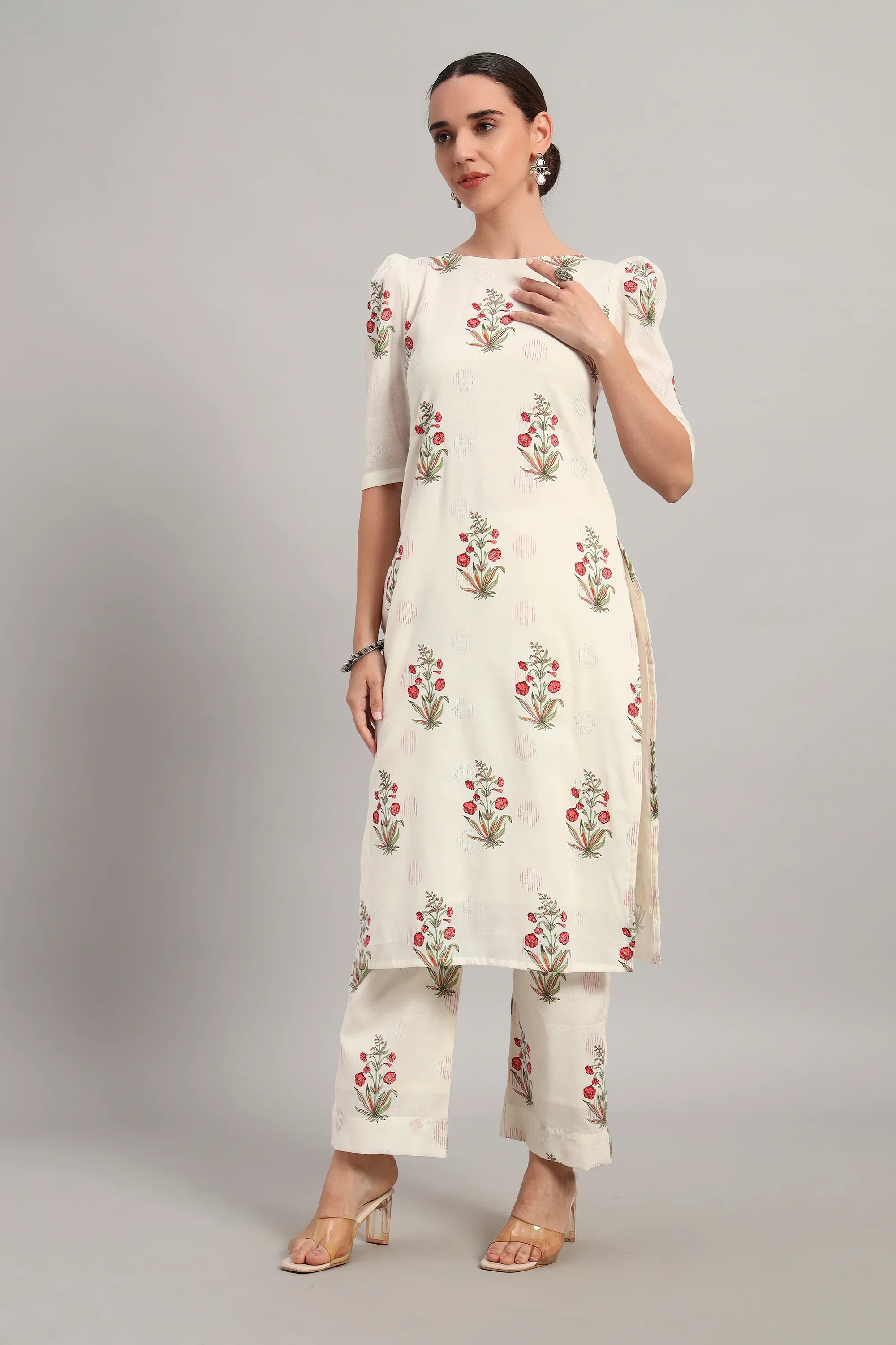 Dufftar Diaries Kurta Set, Floral Beige - Image 4