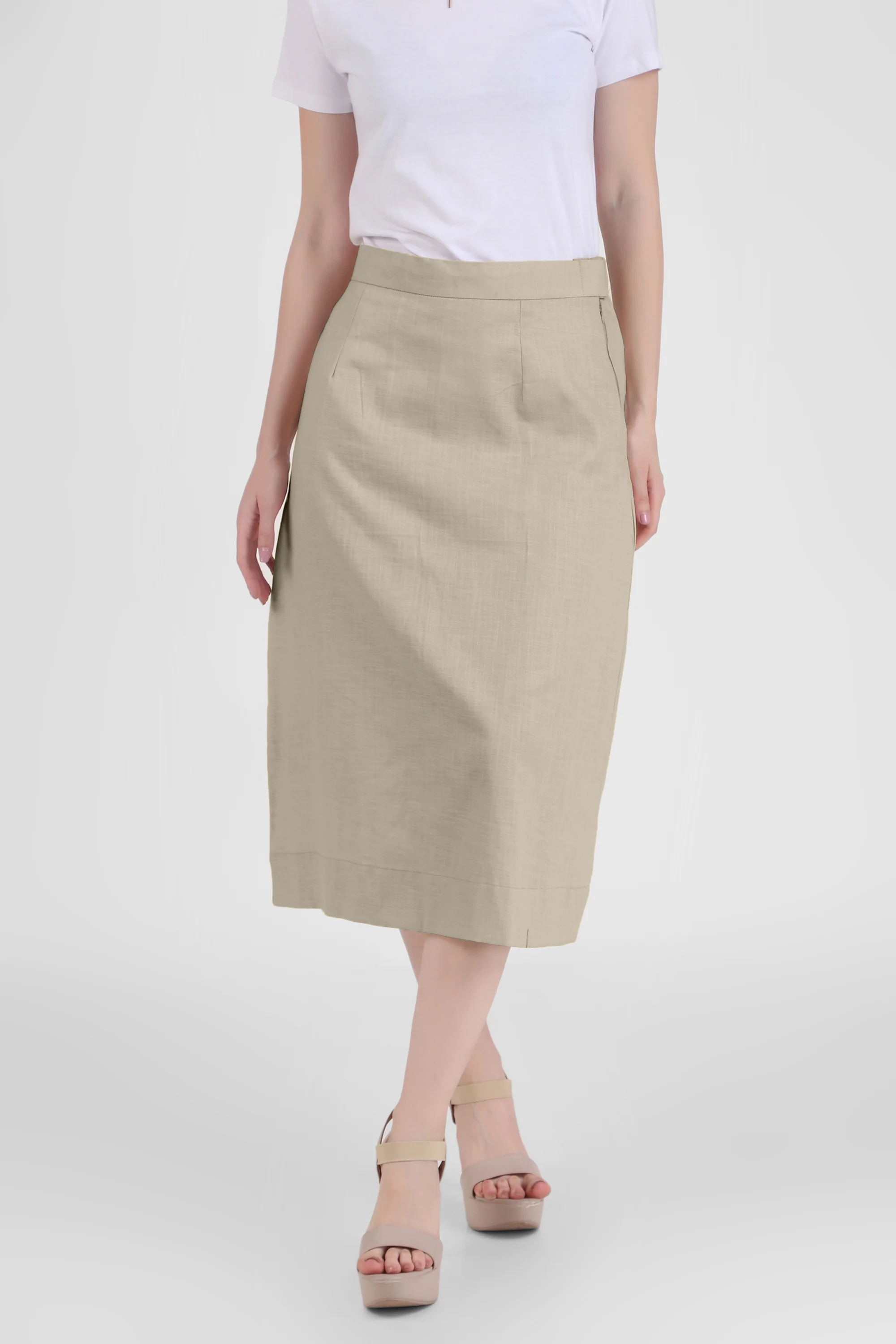 Elegant Linen Blend Midi Skirt, Beige - Image 3