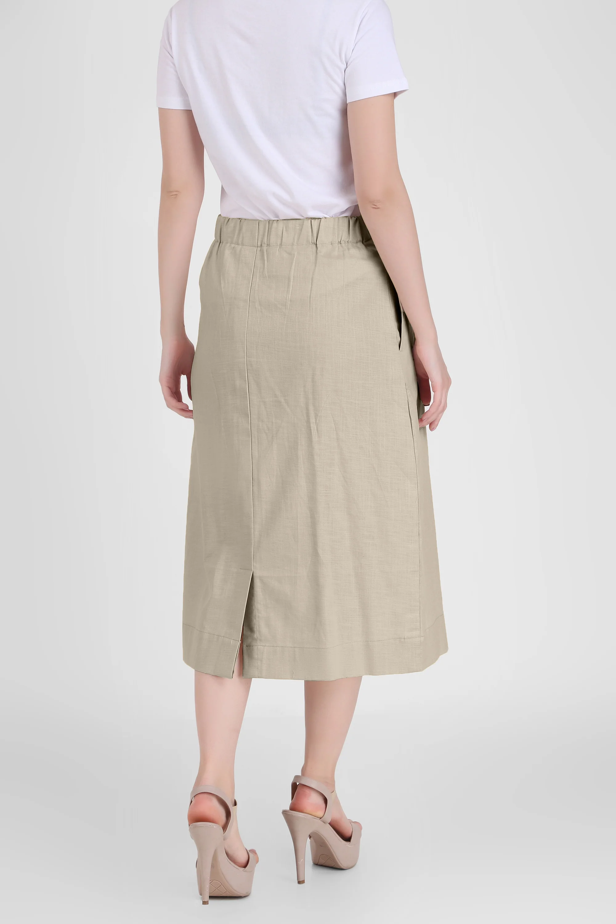 Elegant Linen Blend Midi Skirt, Beige - Image 5