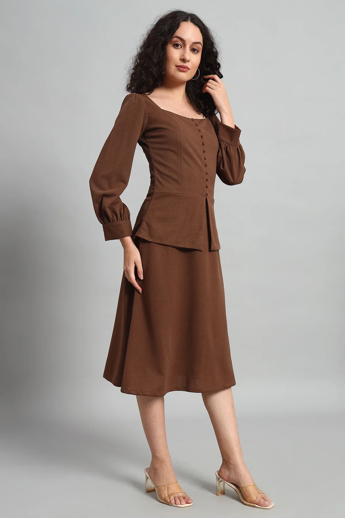 Flare of Grace Skirt Co-ord Set, Brown - Image 3