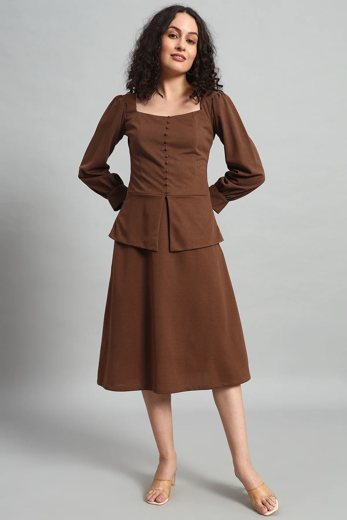 Flare of Grace Skirt Co-ord Set, Brown - Image 5