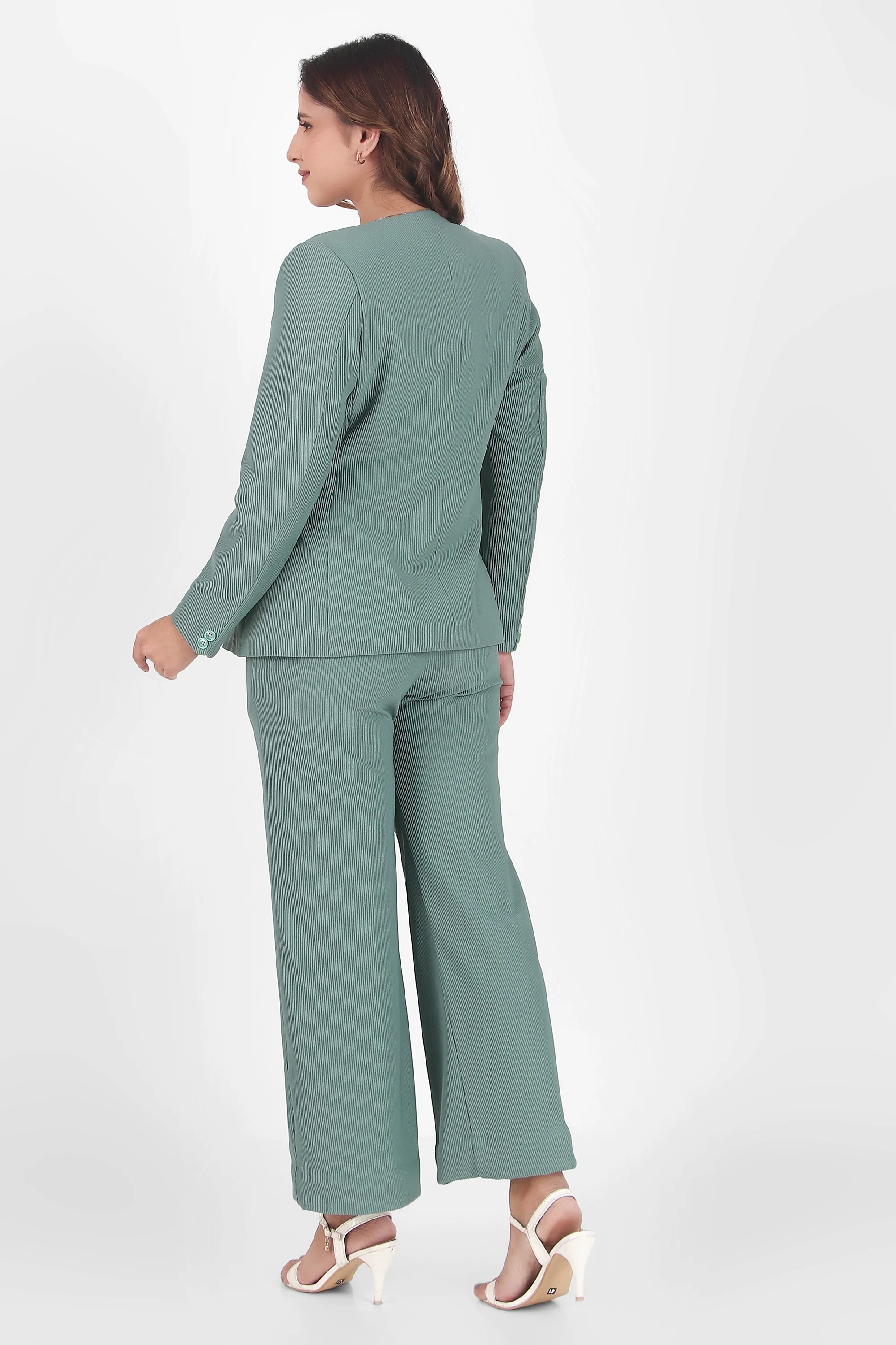 Front Open Style Blazer with Flowing Trousers, Sea Green - Image 4
