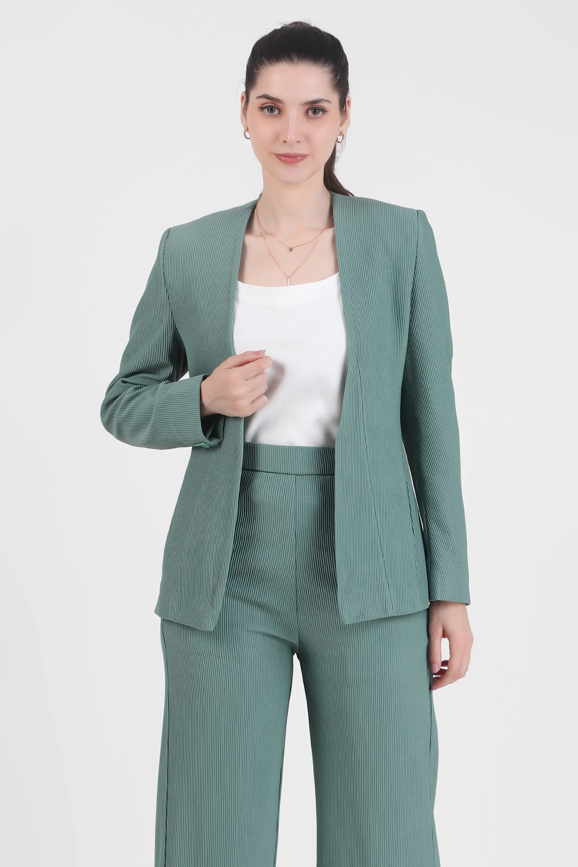 Front Open Style Blazer with Flowing Trousers, Sea Green - Image 5