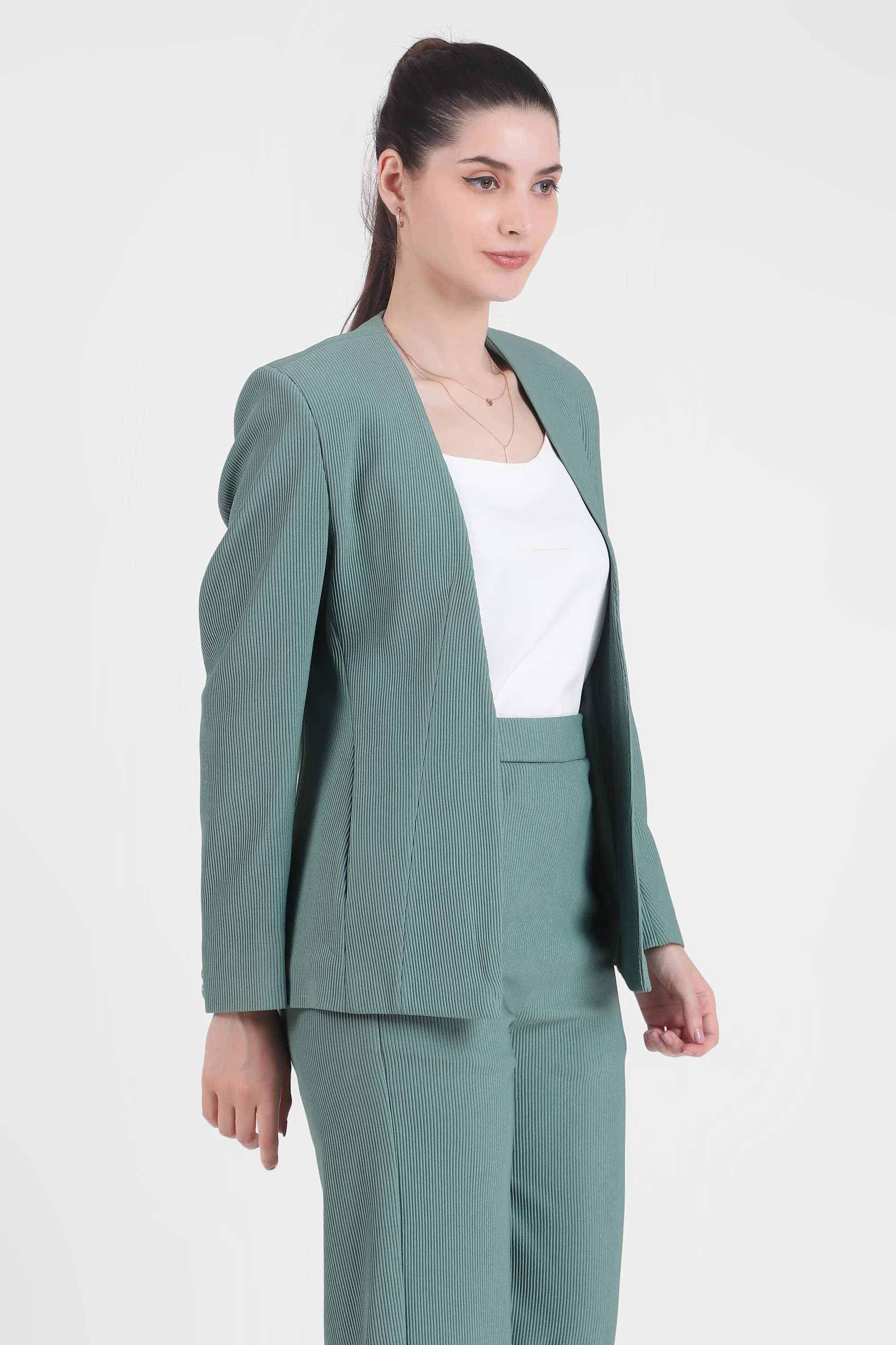 Front Open Style Blazer with Flowing Trousers, Sea Green - Image 7