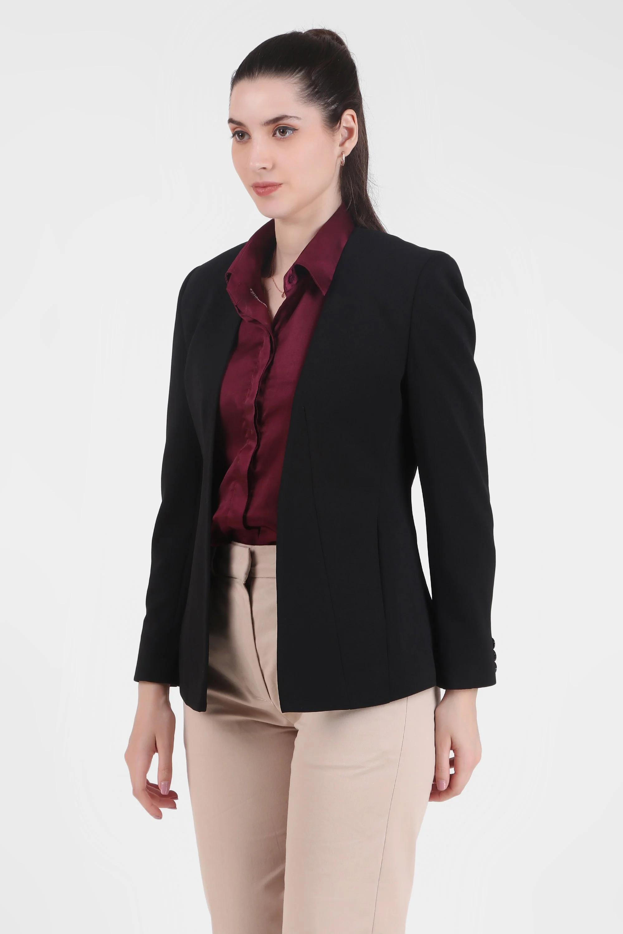 Front Open Style Stretch Crepe Blazer, Black - Image 3