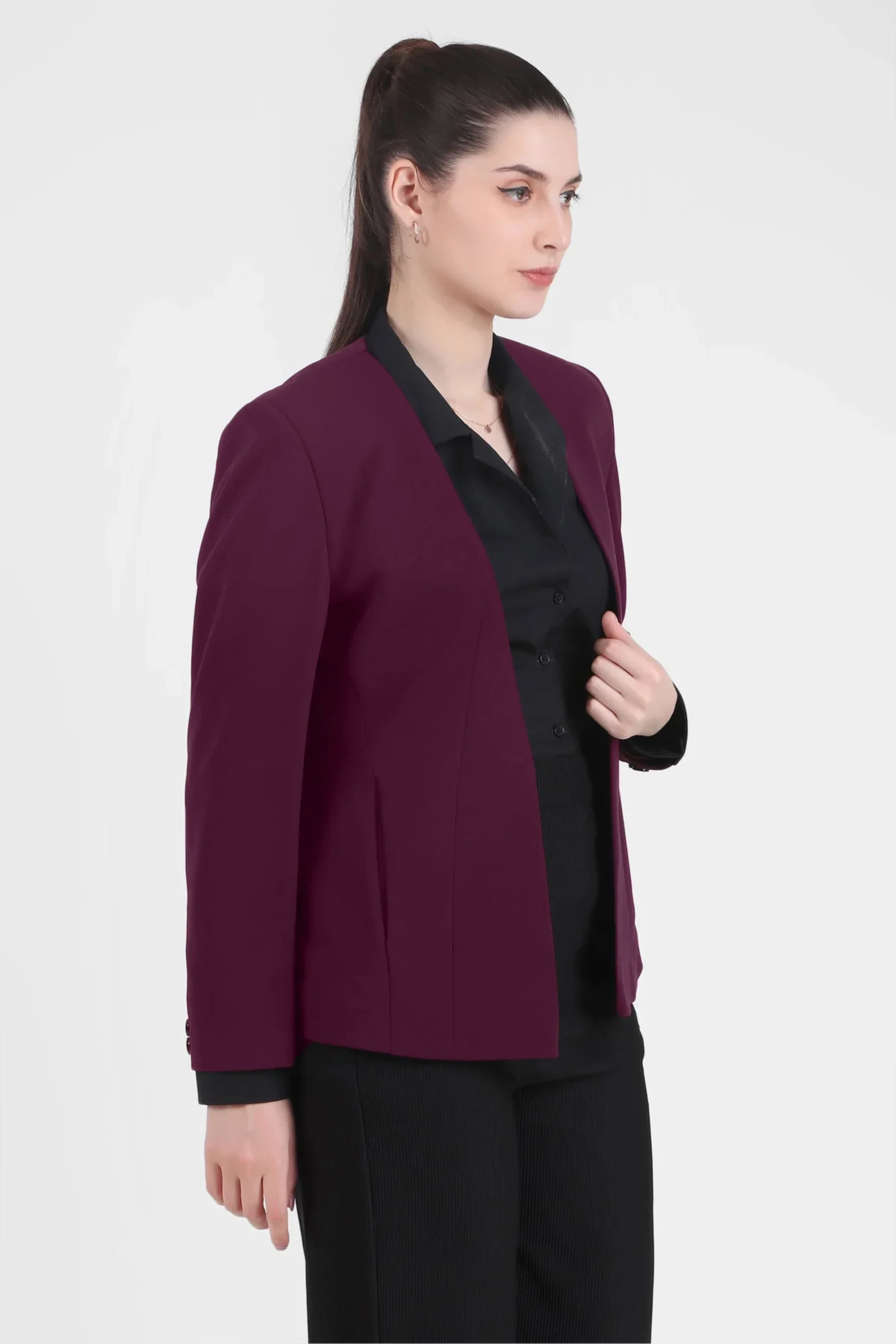 Front Open Style Stretch Crepe Blazer, Plum - Image 3