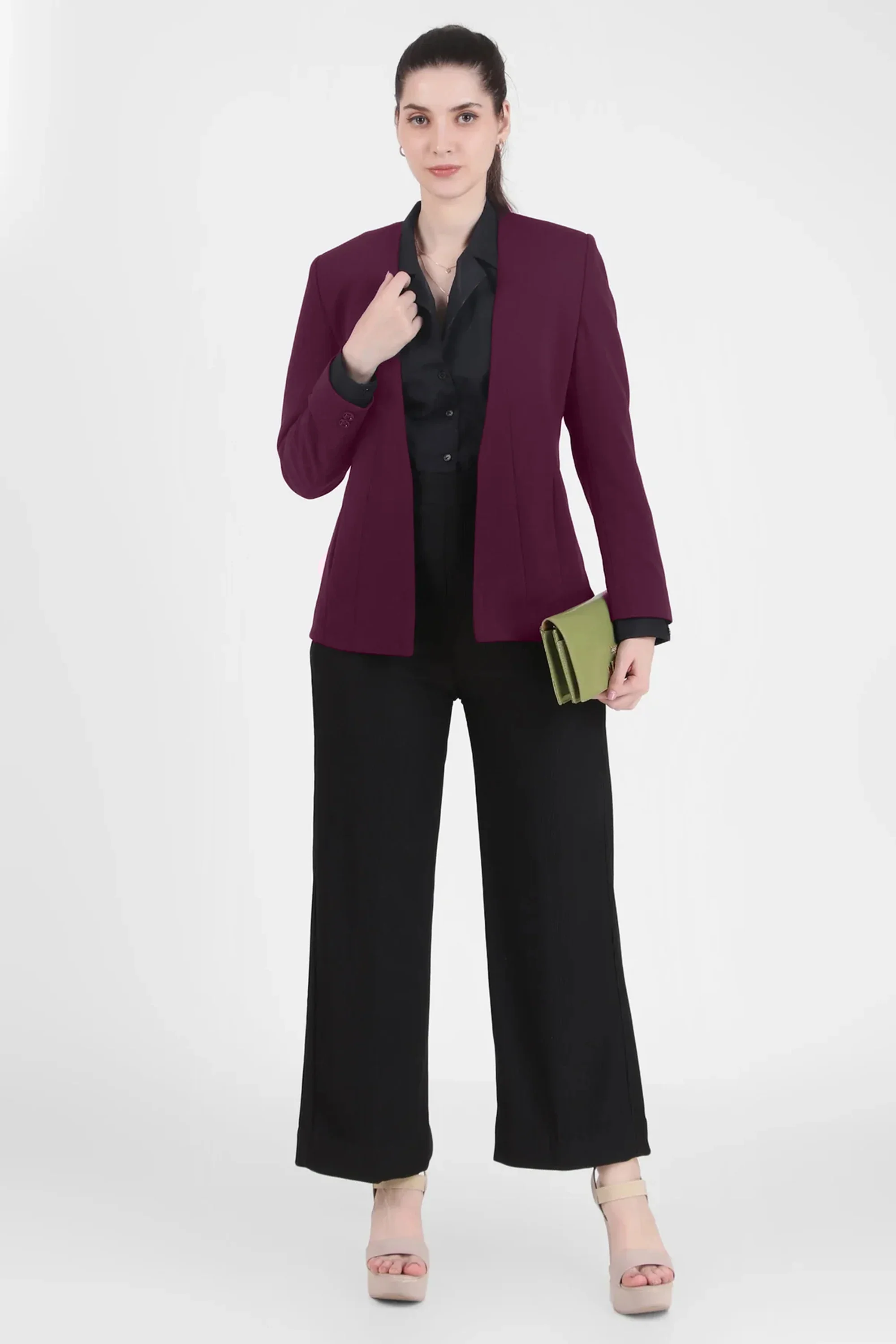Front Open Style Stretch Crepe Blazer, Plum - Image 4