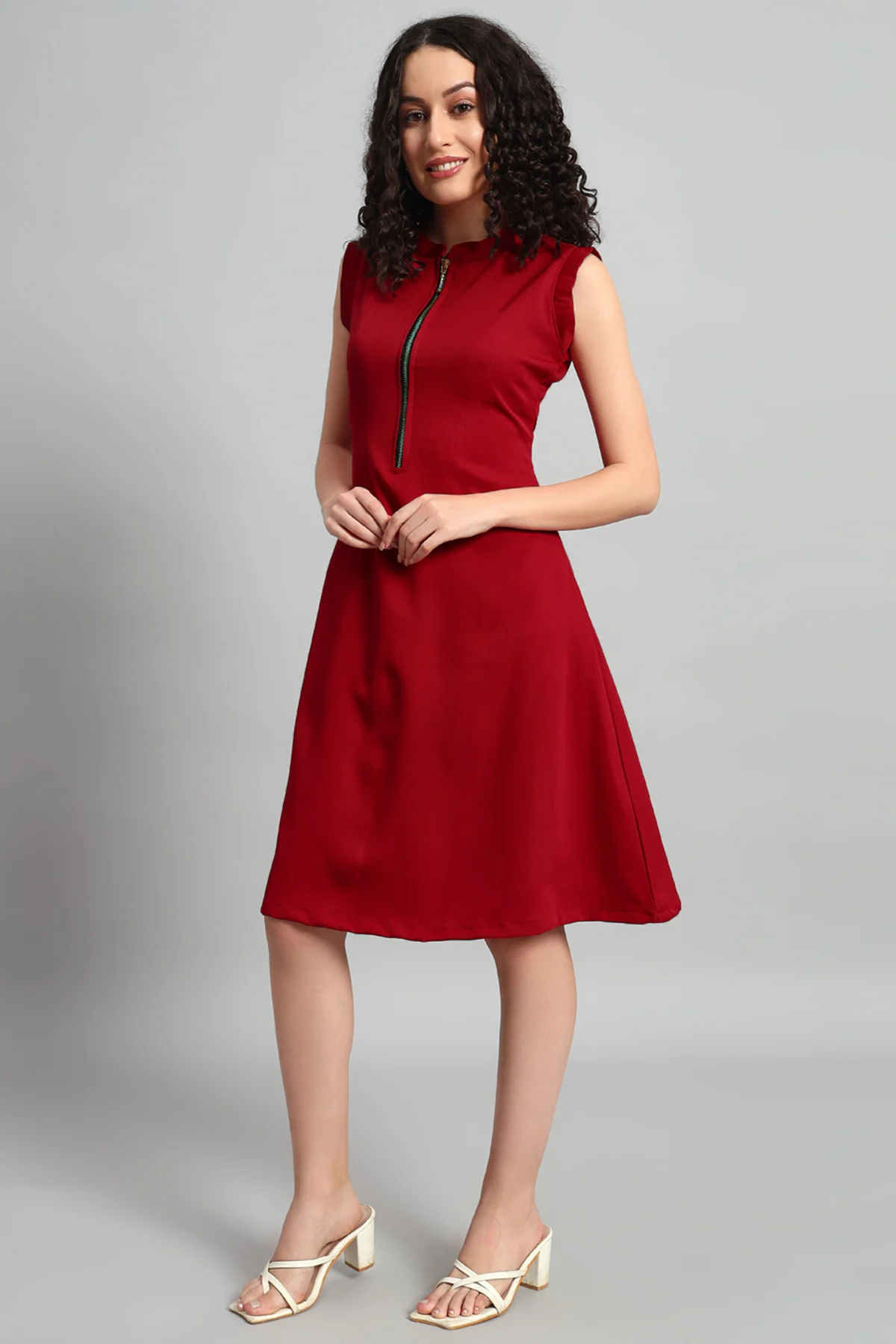 Front Zip Dress, Red - Image 4