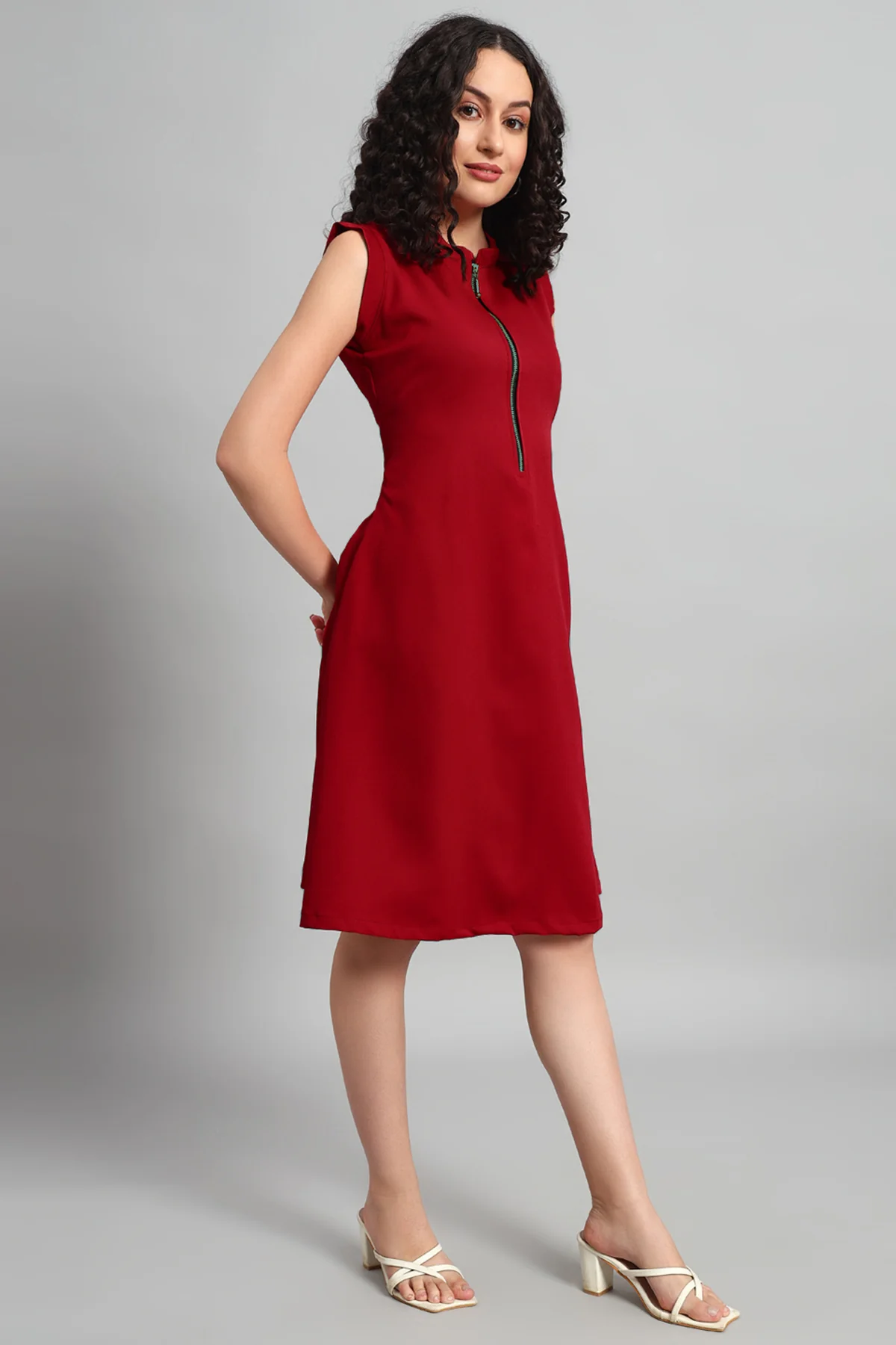 Front Zip Dress, Red - Image 5