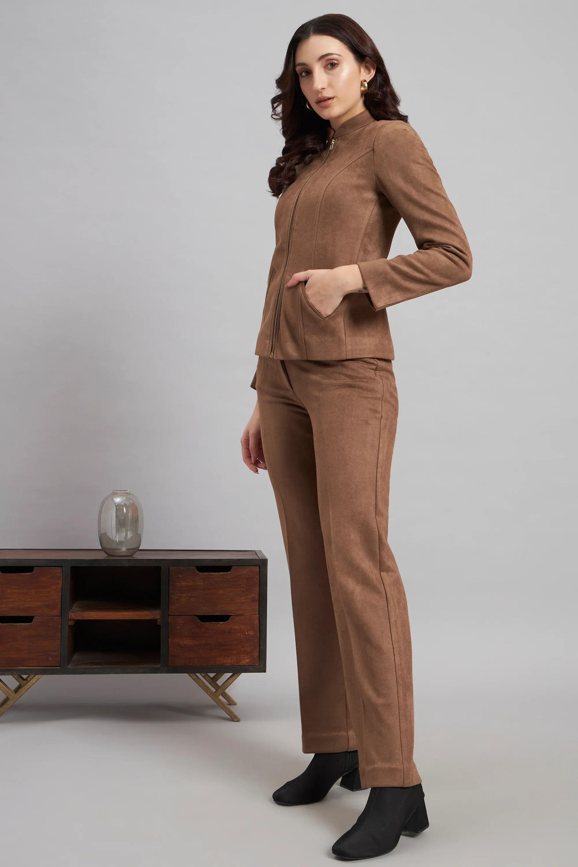 Grace with Grit Suede Jacket Trouser Co-ord, Brown - Image 3