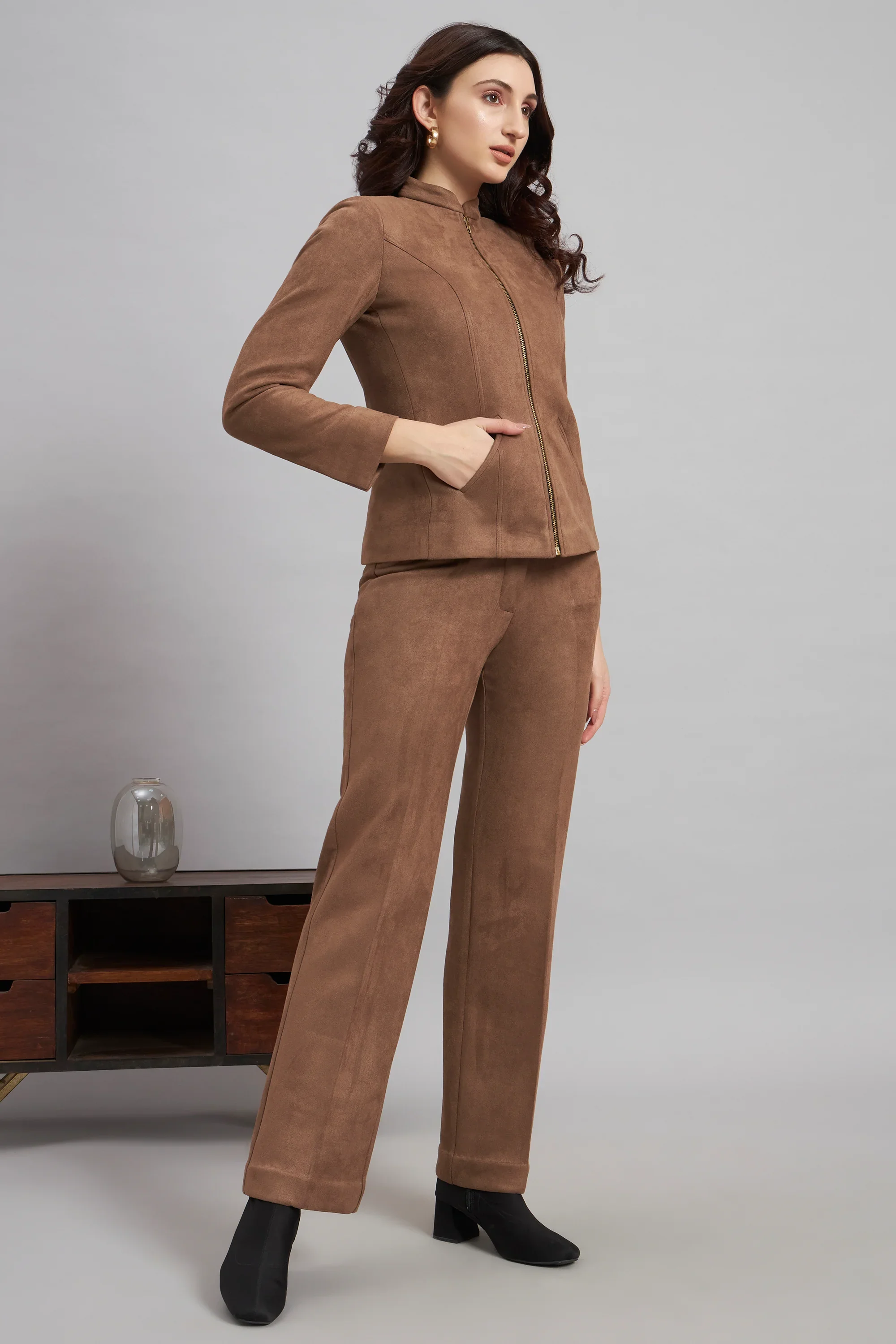 Grace with Grit Suede Jacket Trouser Co-ord, Brown - Image 4