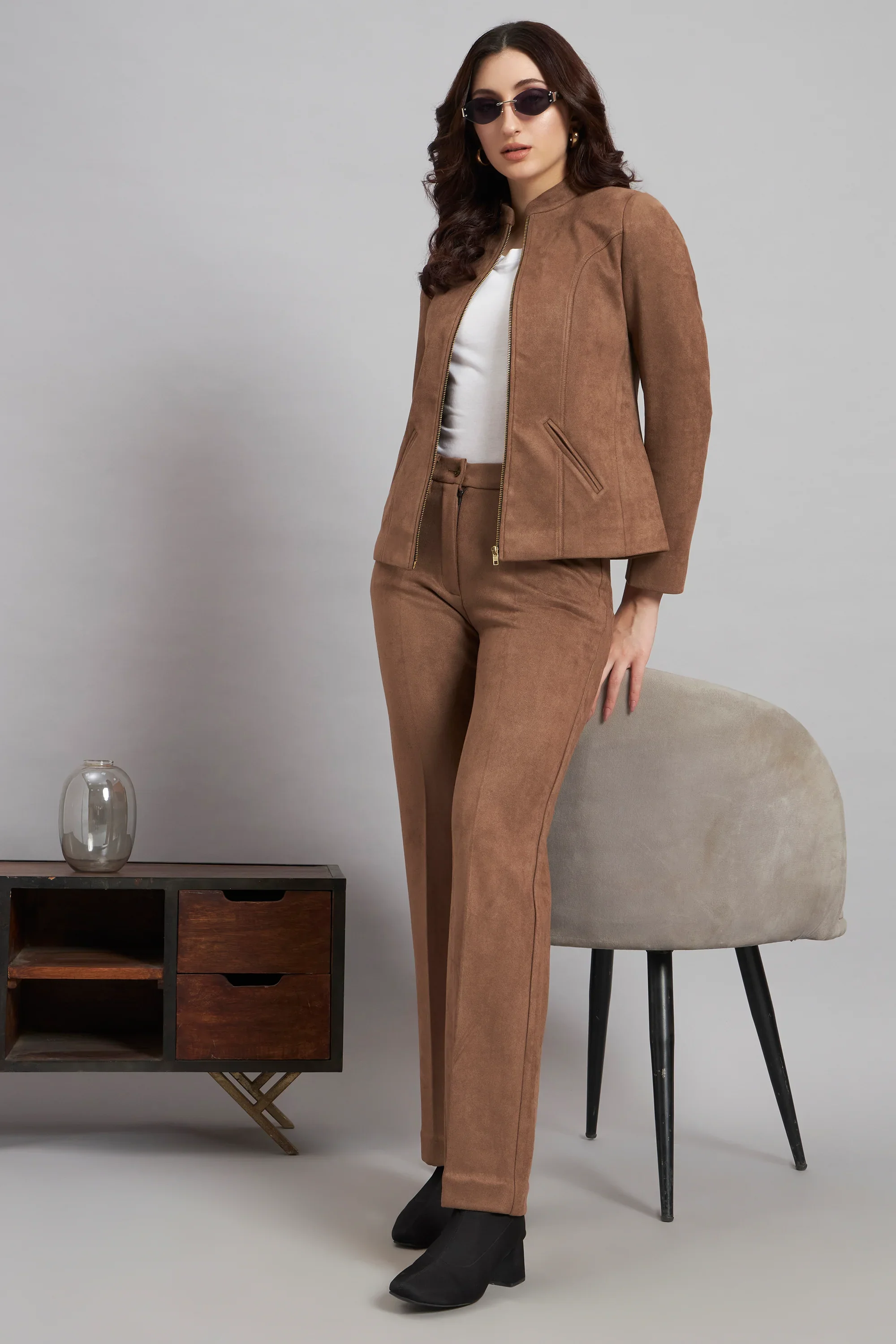 Grace with Grit Suede Jacket Trouser Co-ord, Brown - Image 6