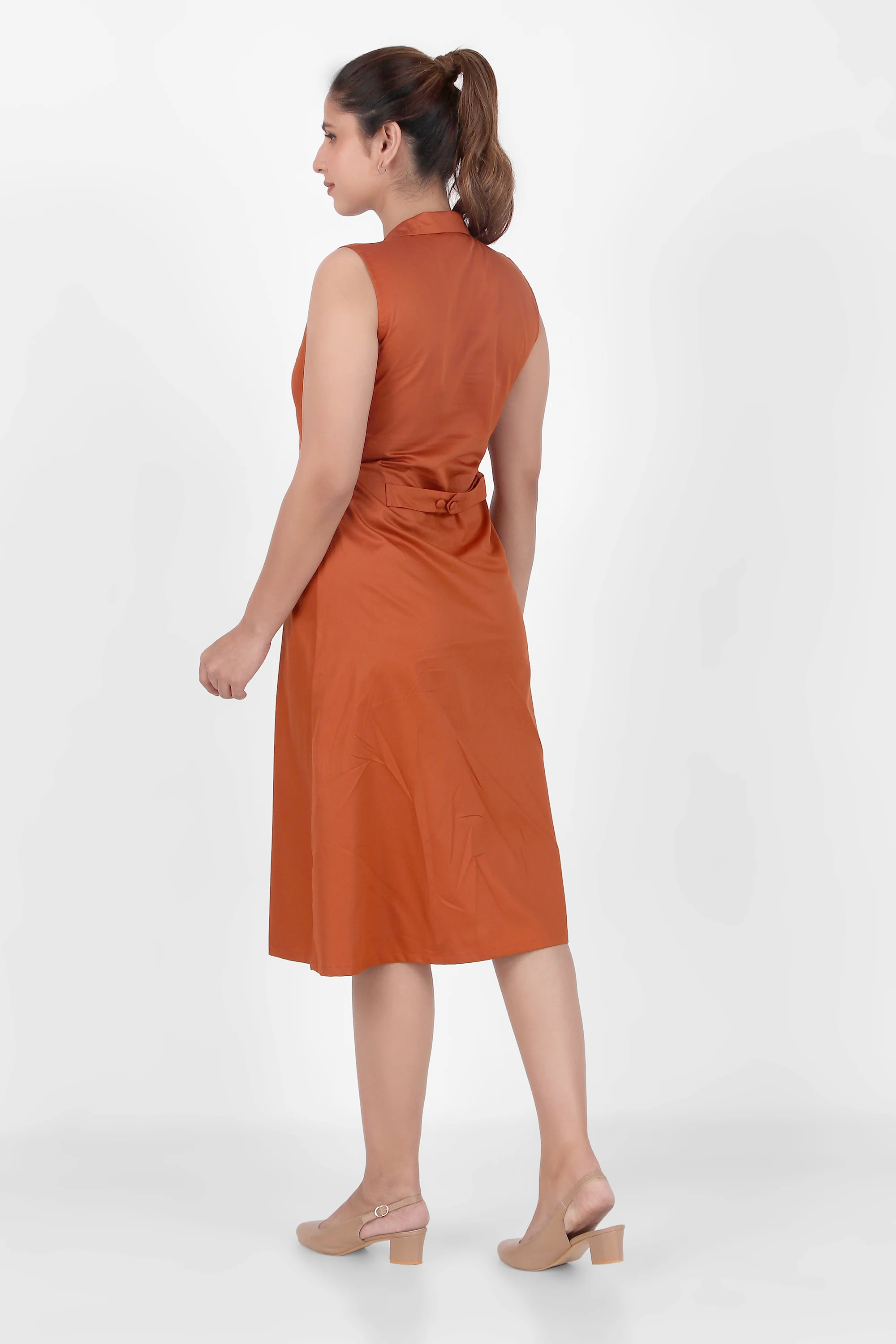 Lapel Grace Calf-Length Dress, Rust - Image 3
