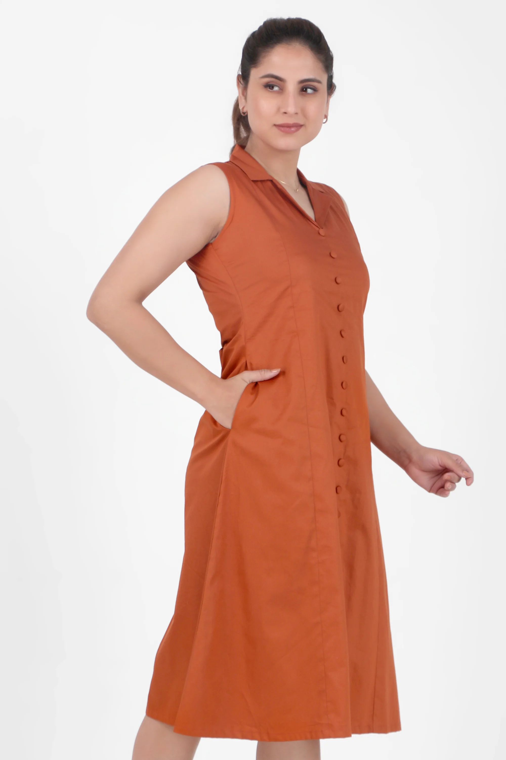 Lapel Grace Calf-Length Dress, Rust - Image 4