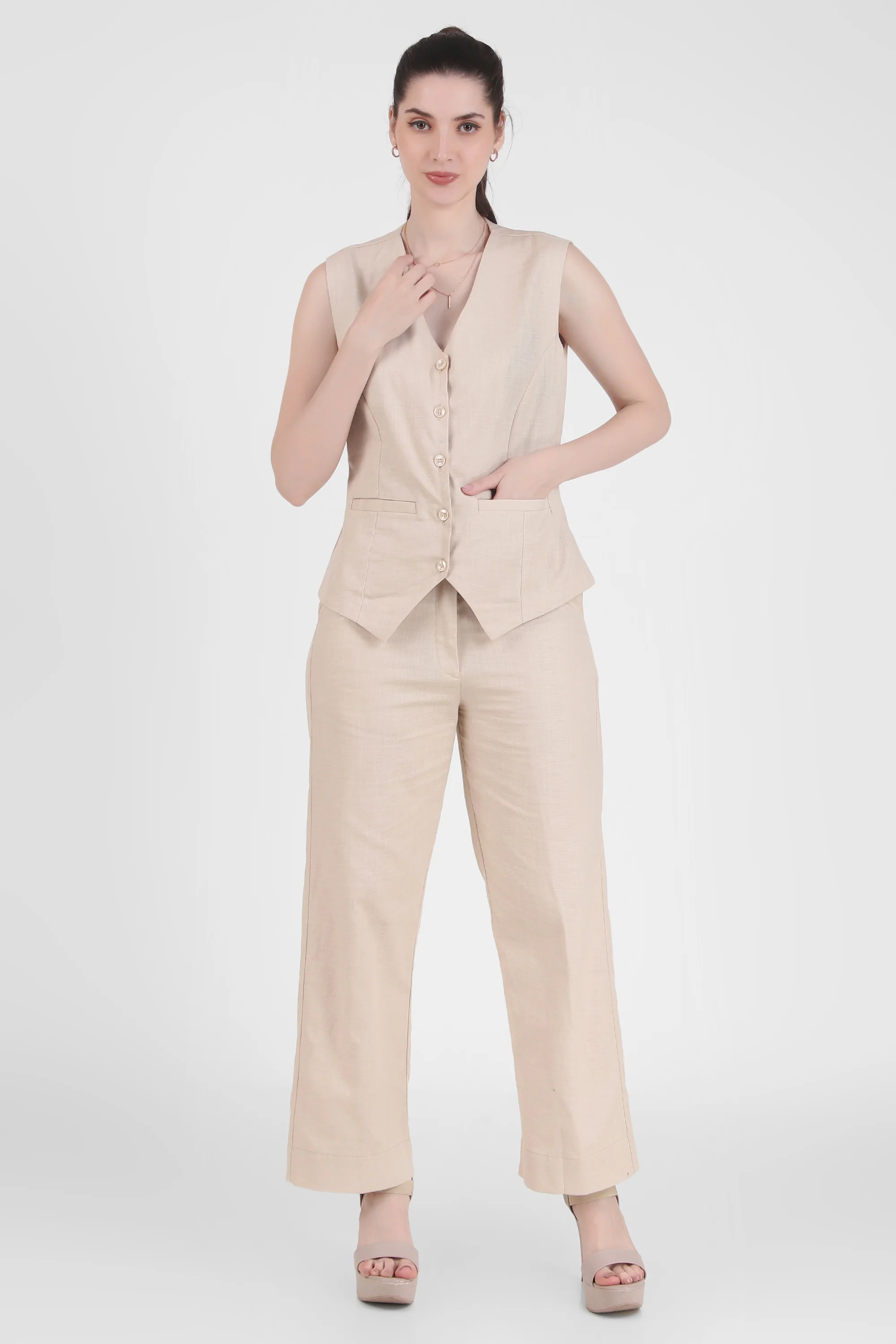 Linen Blend, Waistcoat And Trousers Co-ord Set - Beige - Image 3