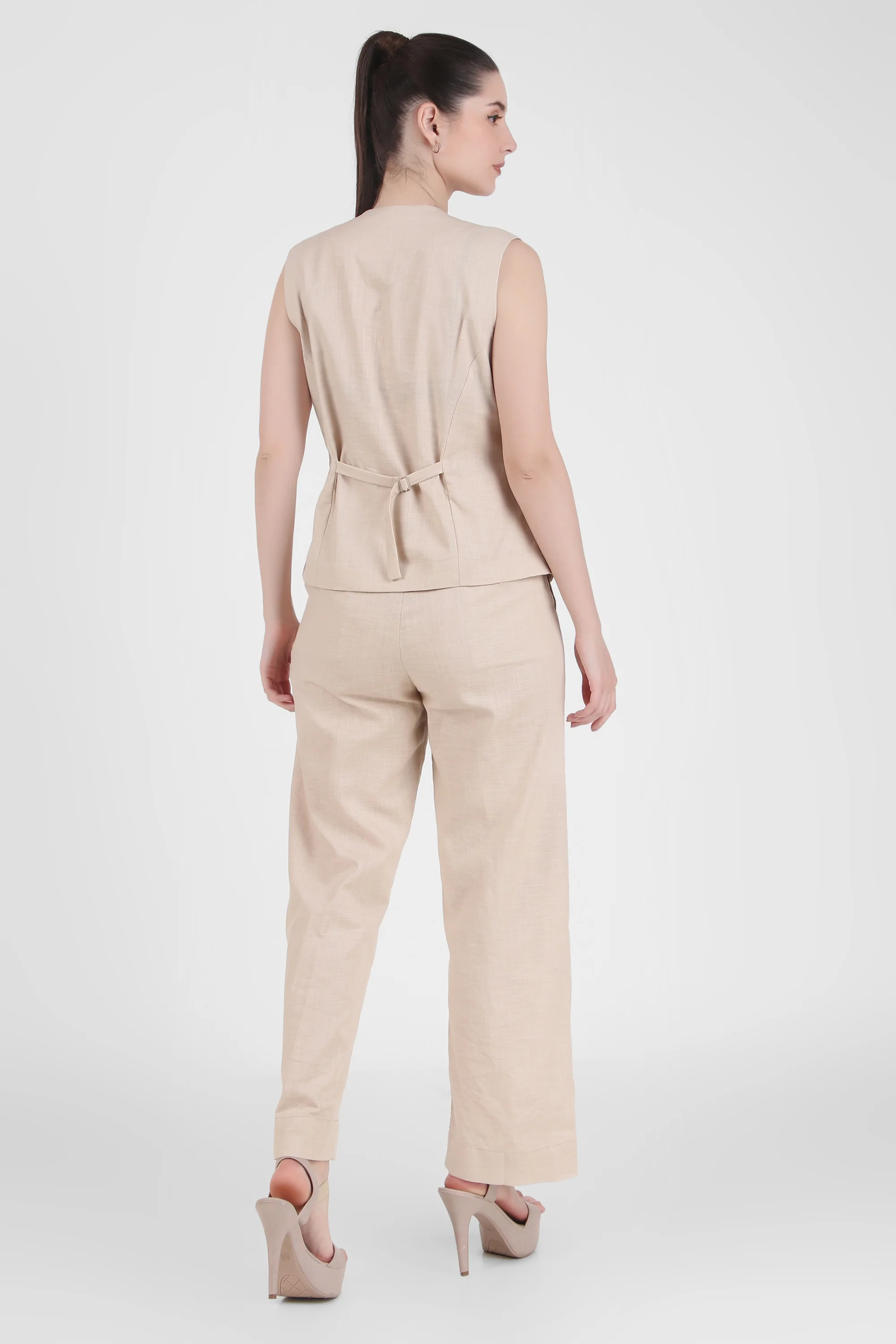 Linen Blend, Waistcoat And Trousers Co-ord Set - Beige - Image 4